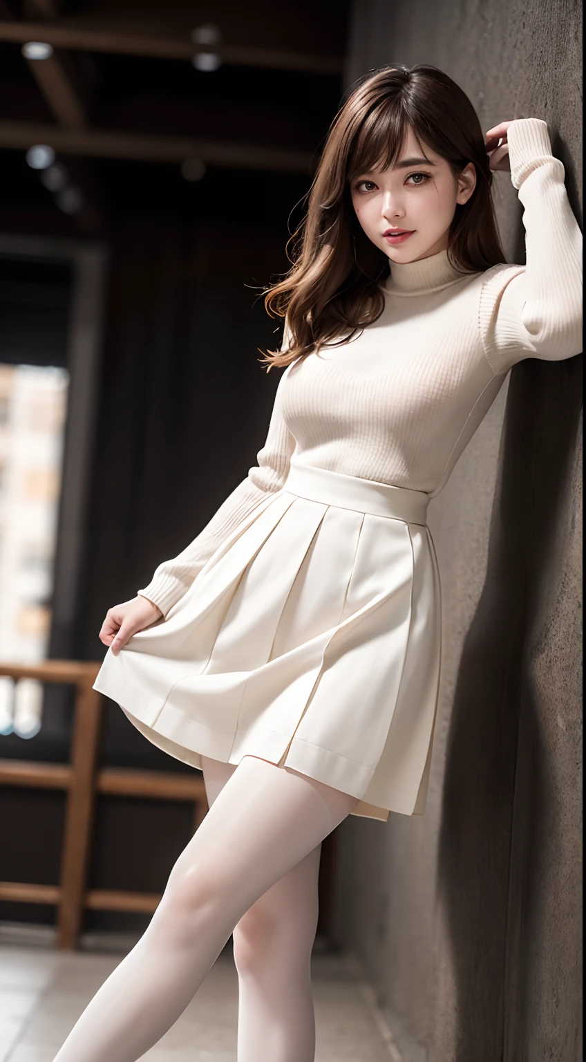 1womanl，Girl，Solo，(Tights, Pantyhose, (()full bodyesbian))， （shoes， Mary Janes: 1.3)， realisticlying， best qualtiy， realisticlying， tmasterpiece，brown  hair，Floating hair，cparted lips，lipsticks，seduct smile，Floating hair，ssmile，Open_Mouth，teeth，（White color blouse），（Sweater skirts），eyeslashes，birthmark，（Moles under the eyes：1），， 8K， A high resolution， 独奏， Extremely detailed face， （profesional lighting， Bokeh）， （light particules， lens flare glow， Luminous Particle：0.6）， （dynamicposes：1.2）， gentlesoftlighting， Top angle of view， Stylish and stylish atmosphere，（（In the daytime））， Skysky， wires and cables， （（looking at viewert：1））， （looking at the camera in），（sportrait：0.6），cowboy lens，opulent，standing on your feet，keep original facial proportion，Wide shoulders，full bodyesbian，（little breast），