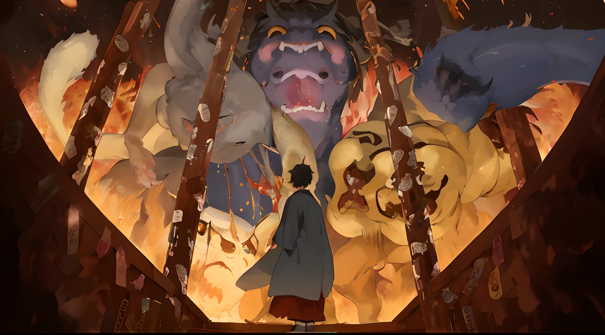 Create exquisite illustrations reminiscent of Makoto Shinkai's style, It features ultra-fine details and top-notch quality I would like an illustration depicting four monsters confronting a shrine maiden. The monsters should include a Hannya-like demon, a golden Shisa (lion-dog) statue come to life, a monstrous cat with only a floating face, and a creature resembling a grotesque, oversized catfish. All four monsters should have mocking expressions as they look down upon the shrine maiden