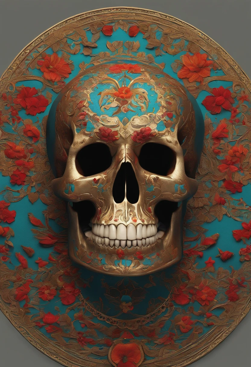 made of brushed metal model of sugar skull, Bavarian art style, dull leaf shape fractal, in a lush and extravagent utopia, cherry-colored, analogous colors, Dutch angle, ray tracing, unrealengine