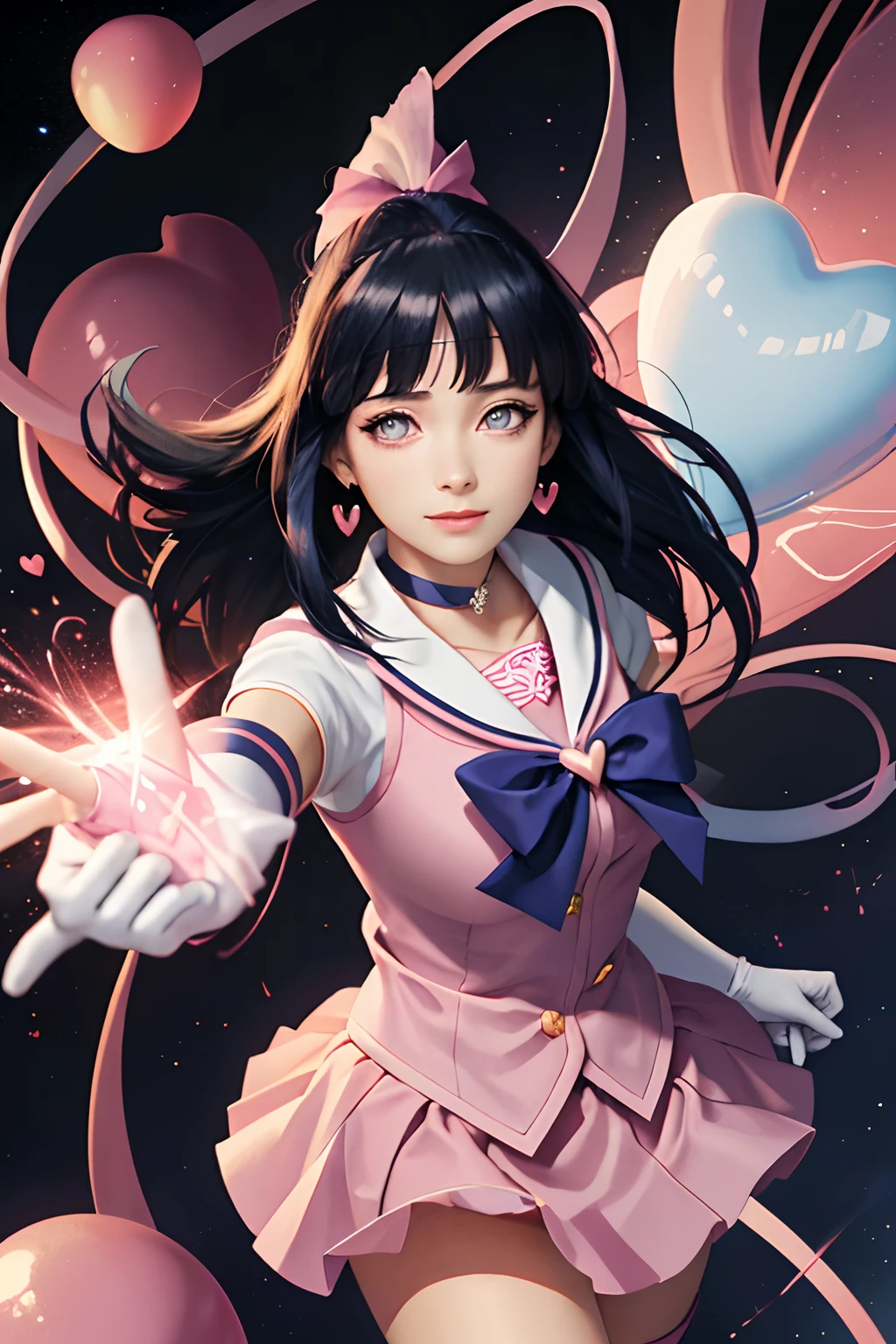 (masterpiece, best quality;1.3), extremely detailed CG, ultra detailed, 1girl, solo,  smile,  looking at viewer, stylish ungle, long dark blue hair, purple eyes,bangs
sv1, sailor senshi uniform, pink skirt, elbow gloves, tiara, pink sailor collar, black bow, pink choker, white gloves, jewelry, from above,
many hearts, face focus,Venus,tornado,abstract background, hearts storm, haert beam, heart bubbles, heart baloons, haert stars, heart flowers, HEART LIGHTS, heart world, heart background, galaxy background, heart weapon, heart aura,