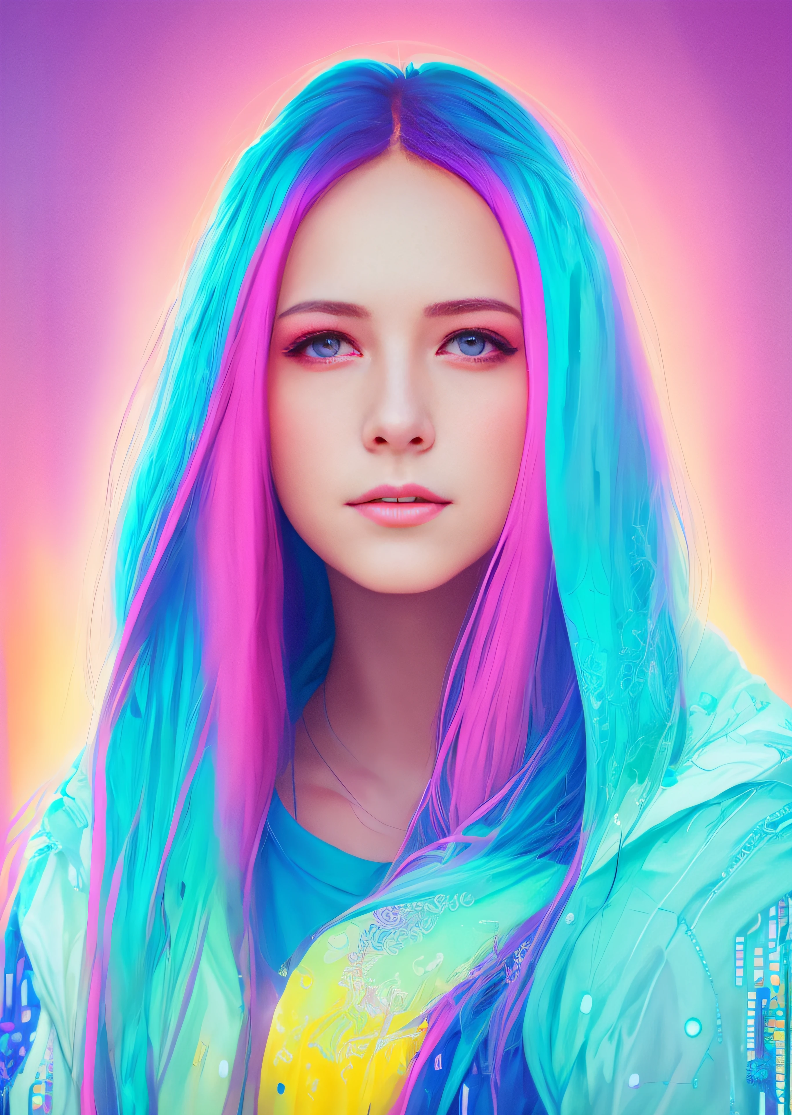 Close-up of girl with long hair and hood, Beautiful art, color portrait, cmyk portrait, Magnificent art, colorful digital painting, digital art image, Digital Art Style, beeple and jeremiah ketner, cyan and magenta, Pixart, Artistic 4 K, realistic art style, photoshop art, digital painting style