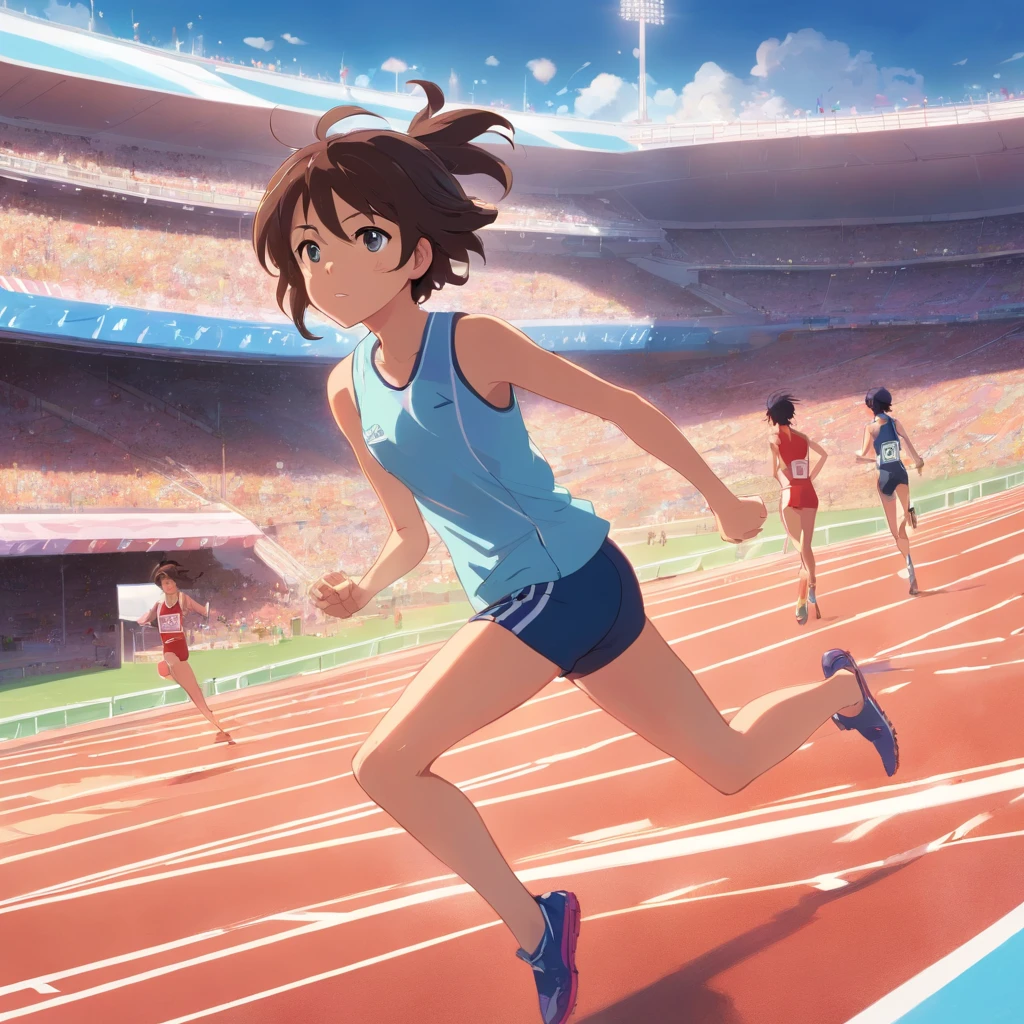 Uma menina nas arquibancadas observando sentada a pista de atletismo que tem alguns atletas correndo