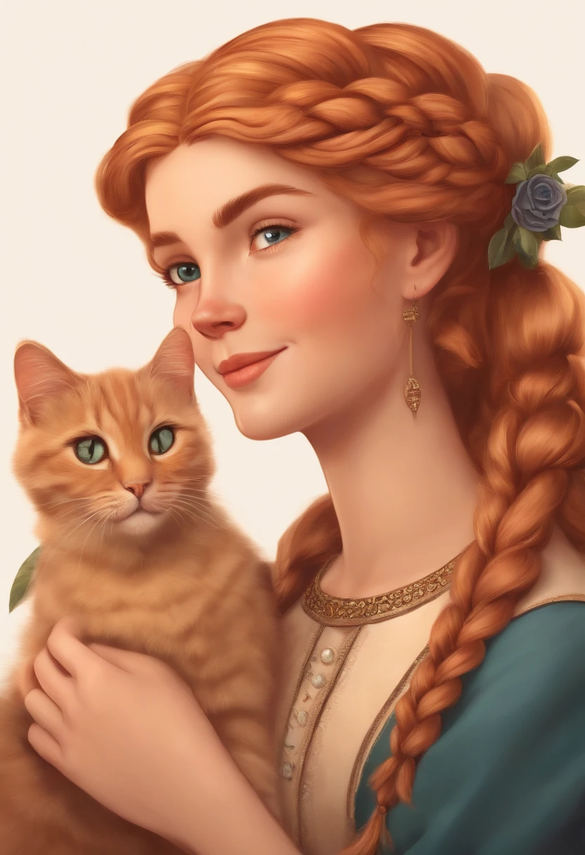 cartoon of a Beautiful smiling girl named Rose with blond reddish hair with braids from the 16th Century. Talking to an very old woman, Girl holding a cat and a dog,adolable,moe style