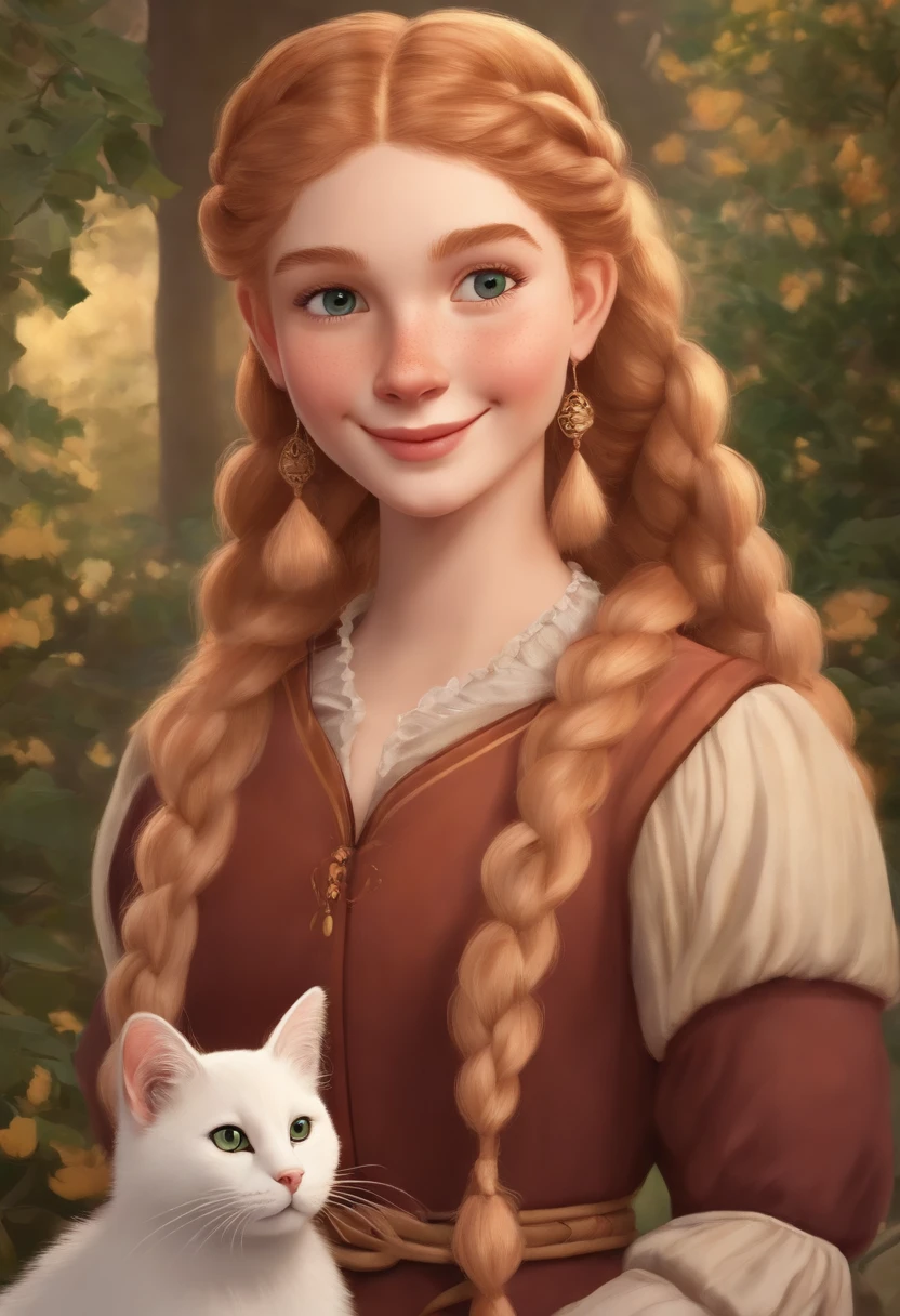 cartoon of a Beautiful smiling 16 year old girl named Rose with blond reddish hair with braids from the 16th Century. Talking to an very old woman, Girl holding a cat and a dog,adolable,moe style