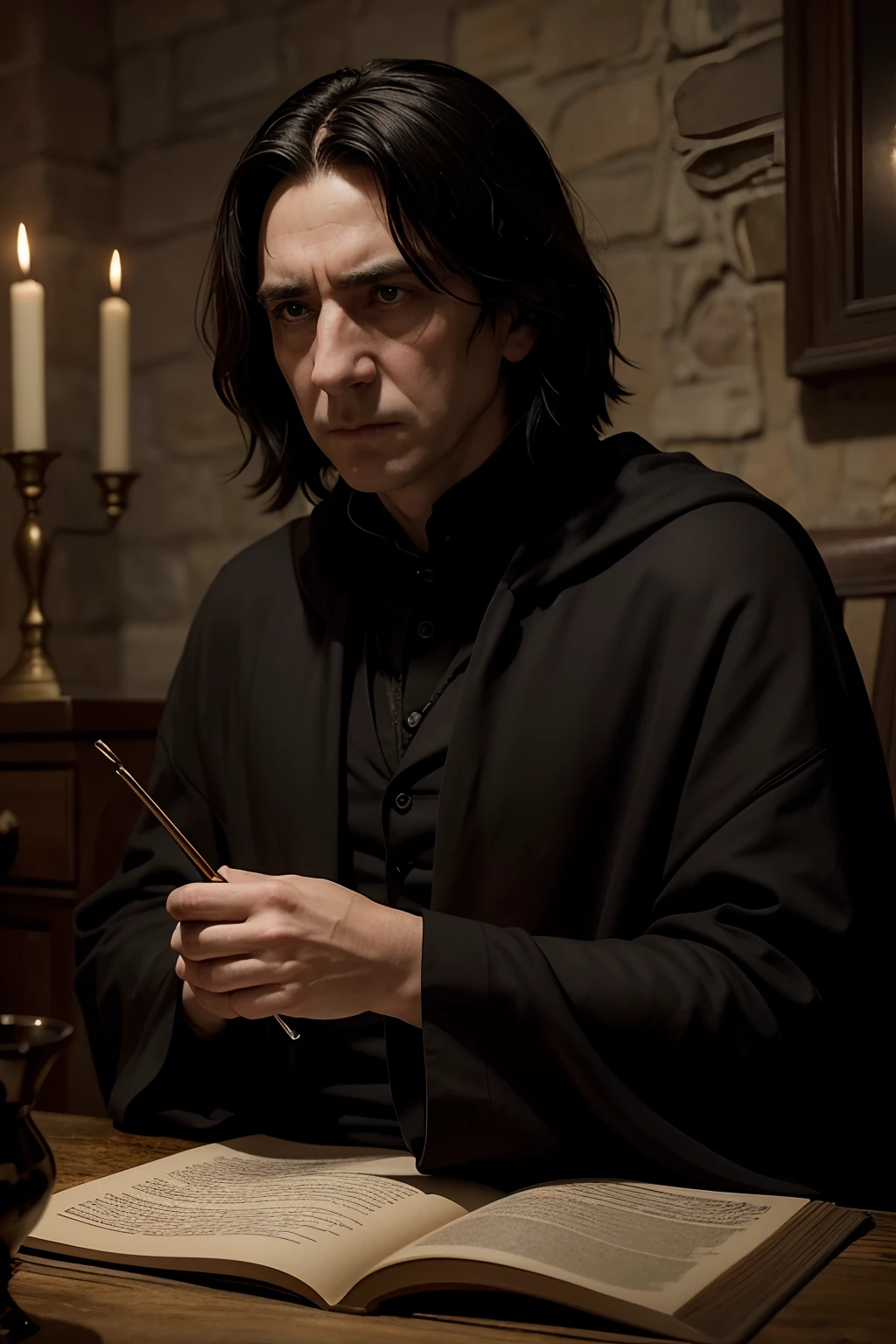 A beautifully captured portrait of Severus Snape::10, the iconic character from J.K. Rowling's Harry Potter series. The aloofness and enigma surrounding him is very apparent. He is drawn in a long black robe with his trademark half-moon glasses::8 and greasy black hair::8, his disdainful sneer and intense gaze revealing his complex personality. The surroundings illustrate the Hogwarts school of Witchcraft and Wizardry, featuring high stone walls and faintly glowing candlelight that brightens the dimly lit corridor. Potions and spellbooks lie haphazardly strewn across a table. The scene seeps of the melancholy and mystery that suits Snape's aura, a palpable feeling of intrigue and careful curiosity swirling around him. The old, yet timeless, charm is adhered to let the scene feel reminiscent of a late-19th-century oil painting. Shot with a Leica S3 Medium Format DSLR with an f/2.8 aperture to bring Snape into a striking focus while softly blurring the background. A combination of Rembrandt lighting is employed, enhancing the character's chiseled face and deep shadows, and a dash of low-key lighting to reflect the heavy emotions that surround his being. Rendered using a framing style that adds a painterly, classic fantasy atmosphere