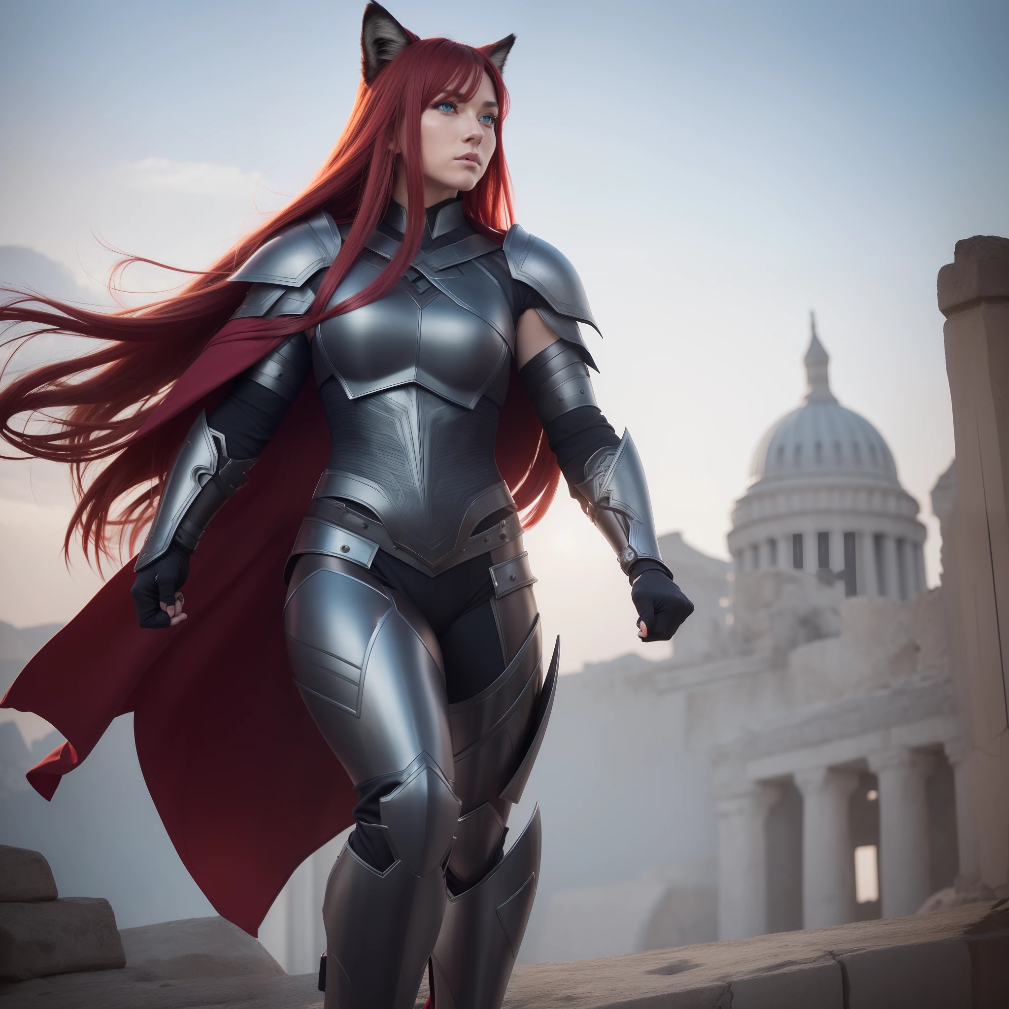 Beautiful muscular woman, Warrior, Minimalist titanium armor, There is a beautiful ornament on the armor, Long red hair, Bright blue eyes, Short cape made of black wolf fur, The Ancient City, debris