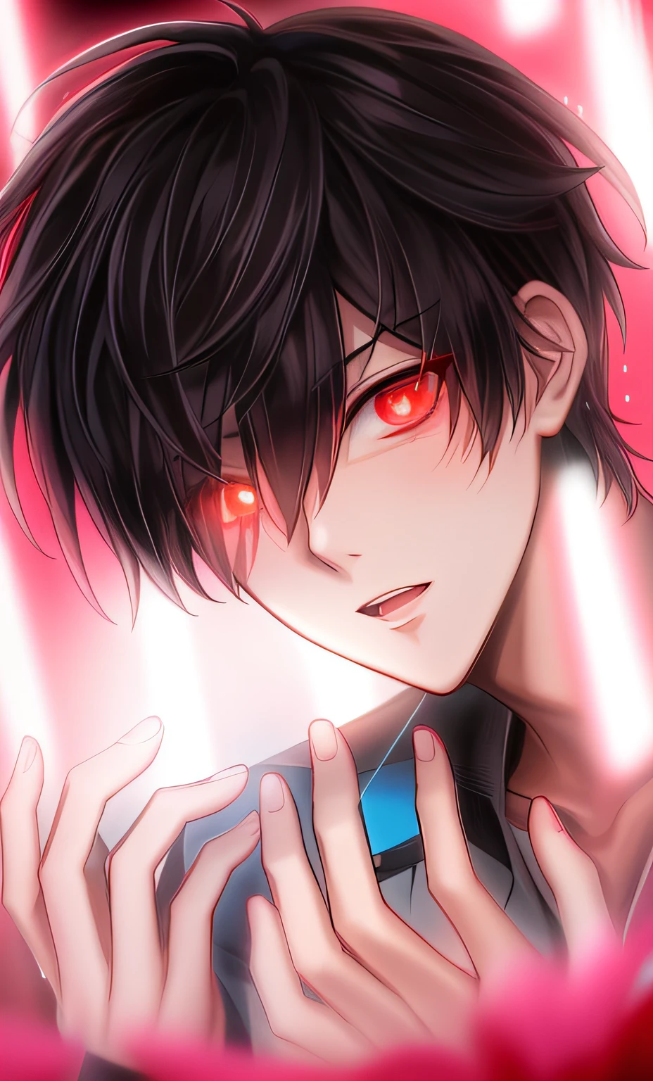 Anime boy with black hair and red eyes looking at the camera, his eyes are bleeding intense, cara de anime alto com olhos azuis, his eyes are red and glowing, com olhos vermelhos brilhantes, Retrato Gapmoe Yandere Grimdark, com olhos vermelhos brilhantes, Gapmoe Yander, handsome japanese demon boy, Gapmoe Yandere Grimdark, arte de anime digital detalhada, olhos vermelhos luminosos