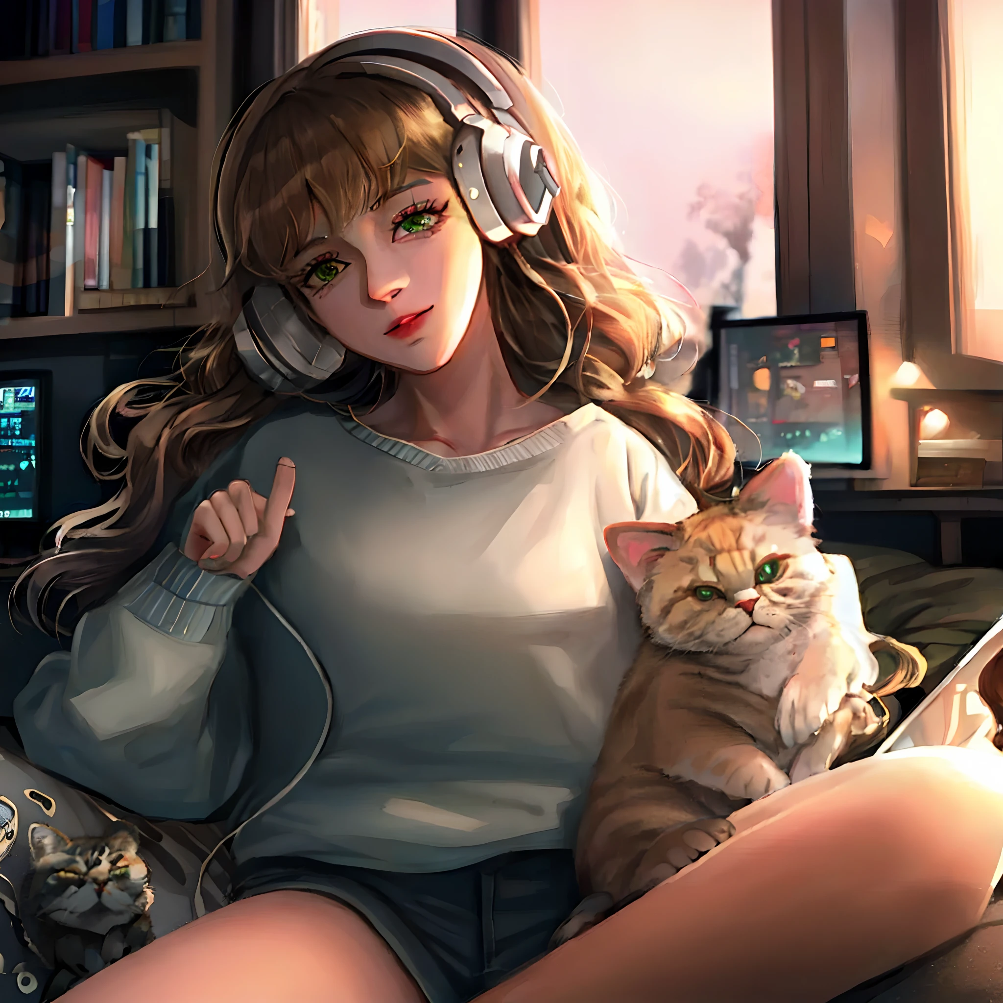 menina anime com fones de ouvido segurando um gato e um telefone celular, estilo anime 4K, menina lofi, menina anime com orelhas de gato, Arte no estilo de Guweiz, anime vibes, Digital anime illustration, arte de anime digital, Retrato Lofi, estilo anime. 8k, arte digital detalhada bonito, gato anime bonito, arte digital bonito, gato anime