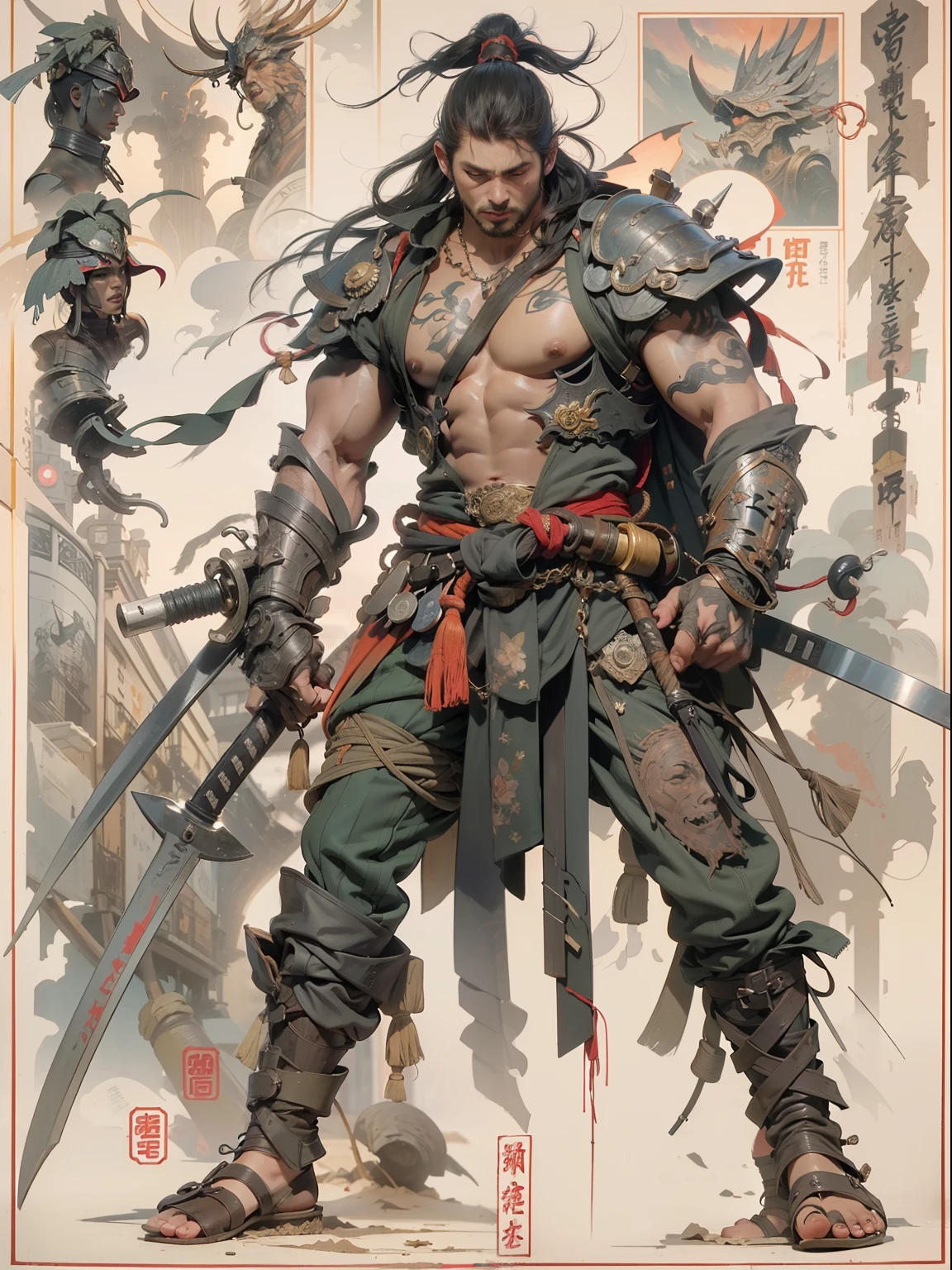 (((mtu))), (((best qualityer))), (((tmasterpiece))), (((AS-Adult))), ((( Japanese ))), Look up from your knees, Handsome Asian samurai,perfect body figure, Modern samurai, ((( Asian))), Wear gloves on your hands,The left arm is made of steel and metal tips,Made of protective devices, The eyes are pulled, (( Appears below the chest )), (( Small dental floss )), Simon Bisley, Almost naked(Simon Bisley)Castle City Wilderness,For high-resolution posters, hair straight, Minimum clothing, armure (Crazy clothes ), Full of tips and rivets, tribal tattoos, (((full bodyesbian))), Straight brunette hair,Colored hair ends