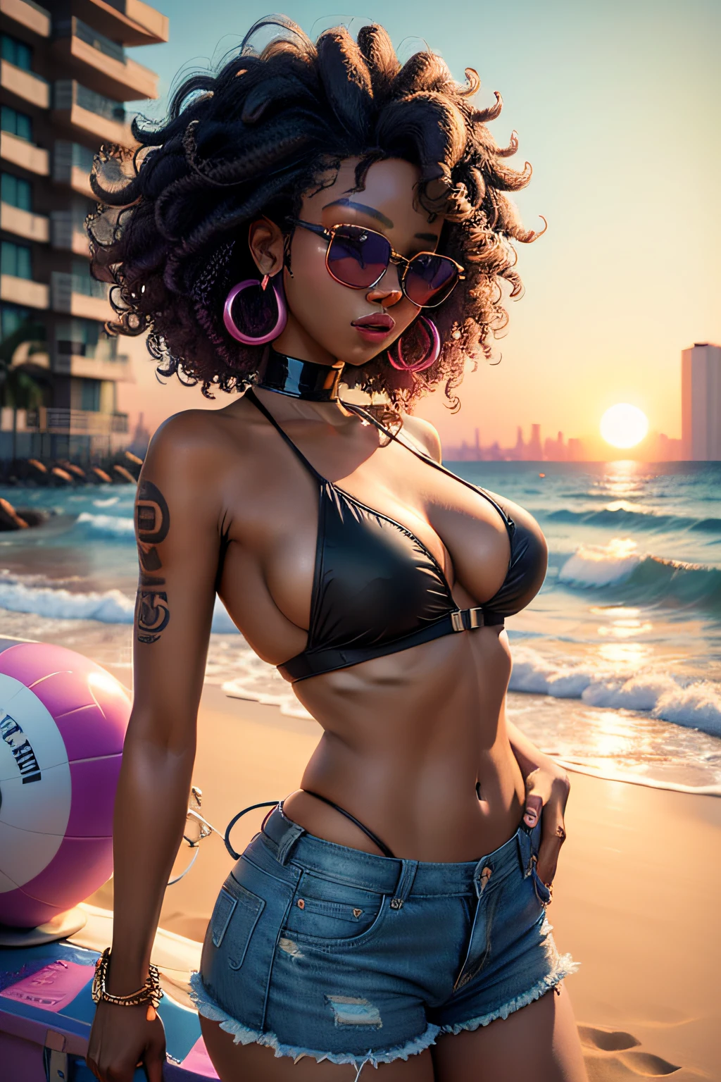 Ebony girl, vaporwave city, sunset beach background, curly hair, sunglasses
