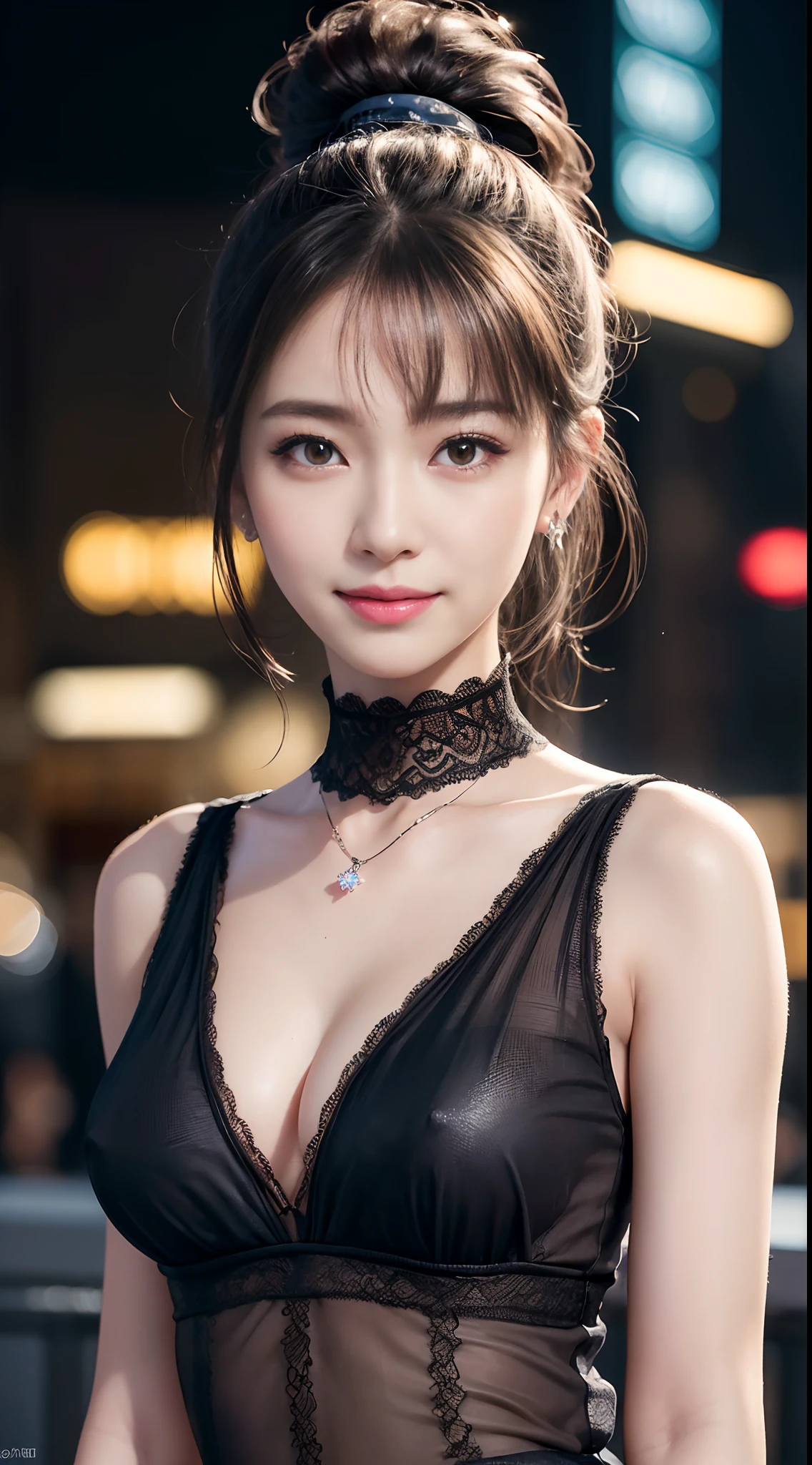 8k, masterpiece, RAW photo, best quality, photorealistic, extremely detailed CG unity 8k wallpaper, Depth of field, Cinematic Light, Lens Flare, Ray tracing, (extremely beautiful face, beautiful lips, beautiful eyes), intricate detail face, ((ultra detailed skin)) 1girl, in the dark, deep shadow, pretty korean girl, kpop idol,(very slim slender fit-muscled body), ((looking at viewer)),(big smile), (fashion city night, (neon sign), (blurry background), midnight, (vacant city), (without people in the background), pretty korean girl, white diamond earrings, dia bracelets, dia necklace, clear eyes, shot, (pale skin), face forward, (big eyes), ((close up shot)), (ponytail) (looking at viewer), medium breasts,((smile)), (see through), ((laced top)), ( very slim), (silk shirts)
