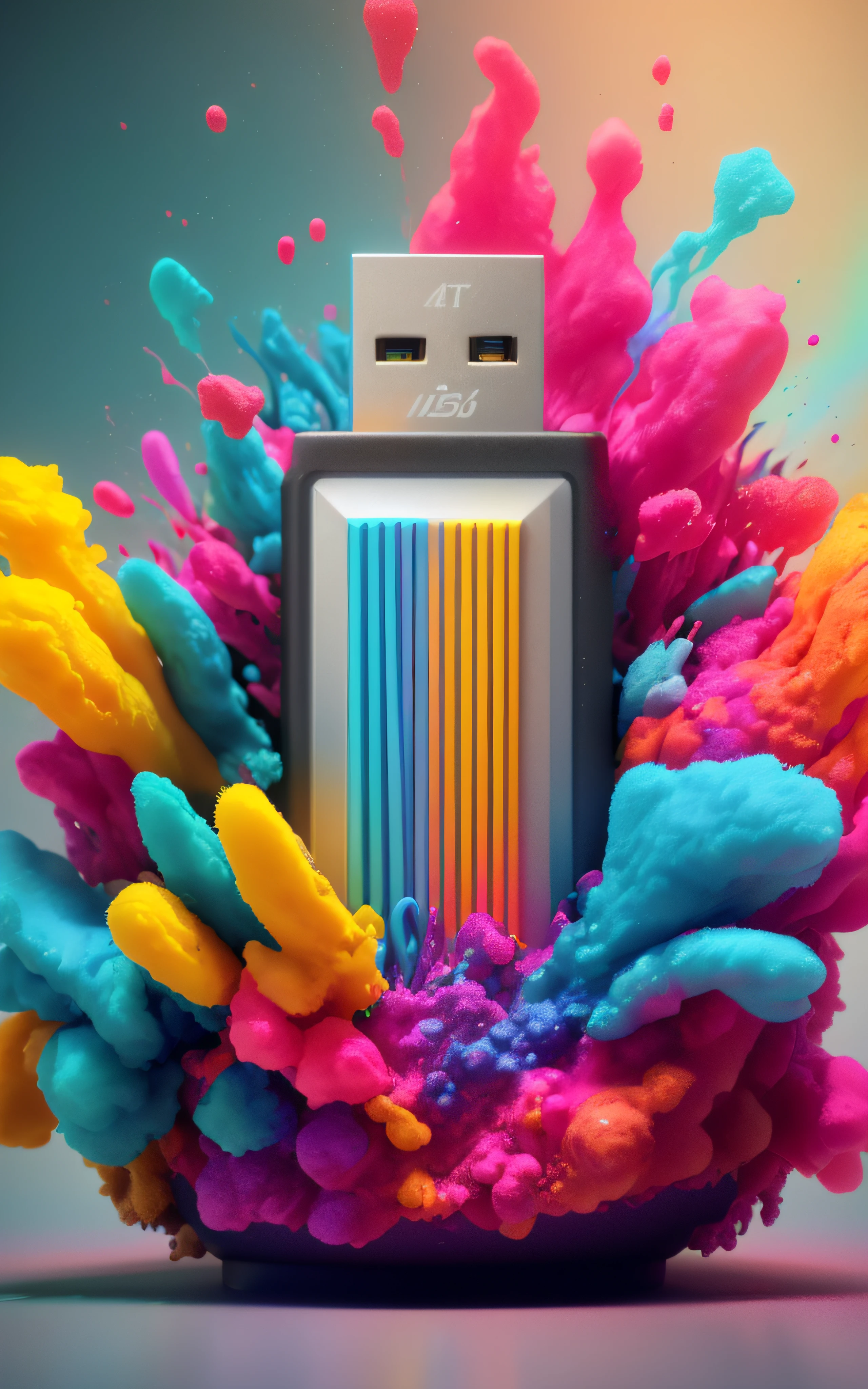 A closeup of a USB device with colored powder, cinema 4d render colorido, 3d arte digital 4k, cores do bipe, colorful octane render, colorful vivid octane render, arte digital 4k, Arte Digital 4K, Cinema 4 d arte, Arte Digital 4K, arte digital colorida, colorful explosion, Arte digital alucinante