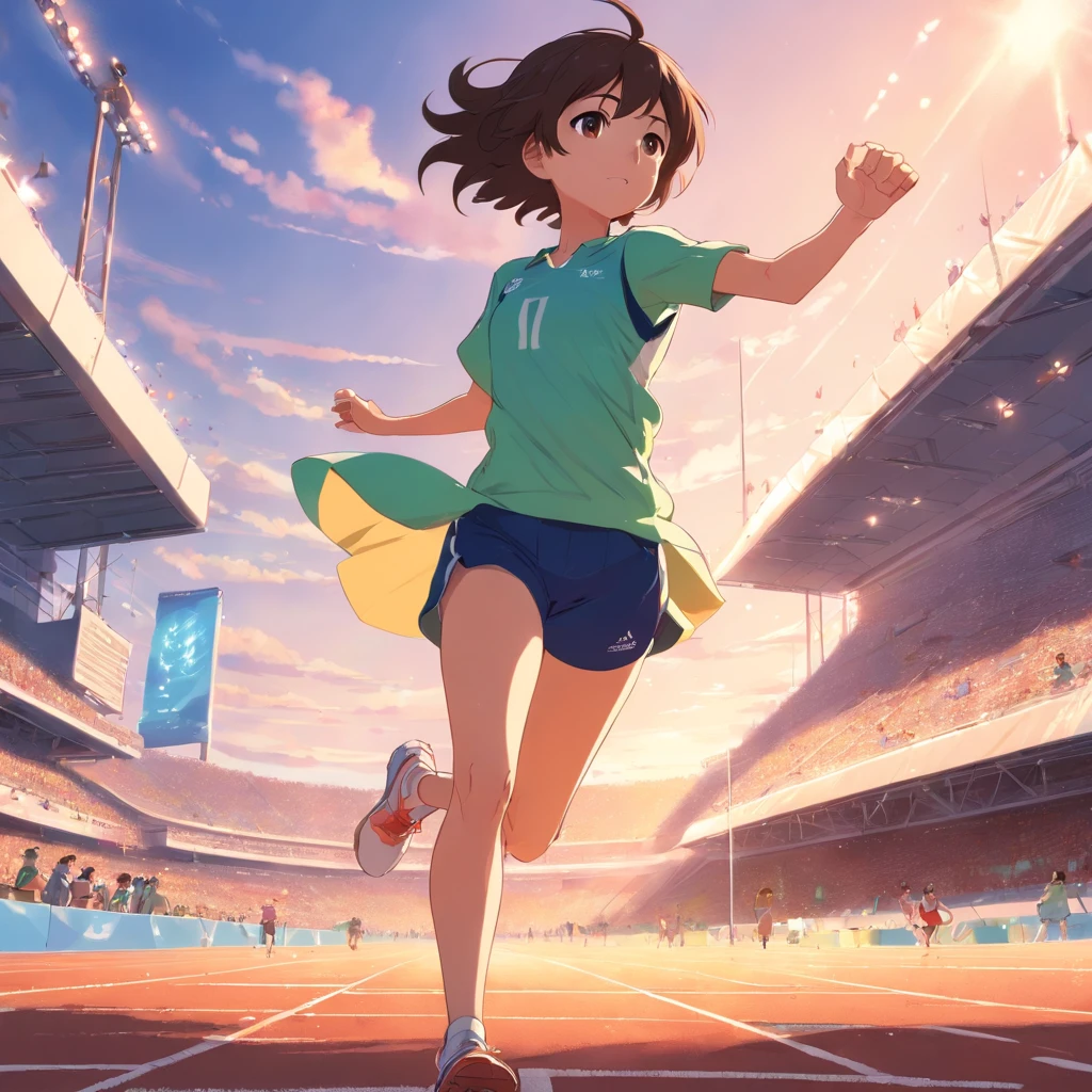 Uma nas arquibancadas observando parada, a pista de atletismo que tem alguns atletas correndo