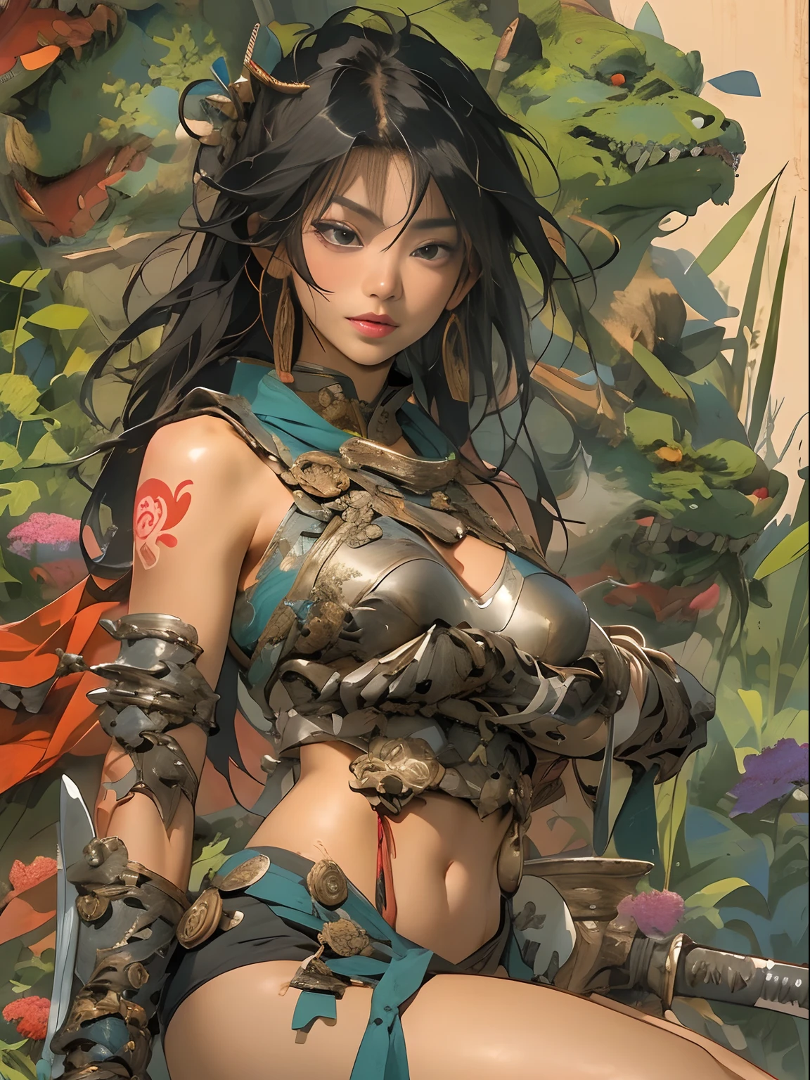 (((woman))), (((best qualityer))), (((tmasterpiece))), (((AS-Adult))), ((( Japanese ))), Look up from your knees, A beautiful asian samurai woman with perfect body, Modern samurai, ((( Asian))), Wear gloves on your hands,The left arm is made of steel and metal tips,Made of protective devices, The eyes are pulled, (( Appears below the breast )), (( Small dental floss )), Simon Bisley, Almost naked(Simon Bisley)Castle City Wilderness,For high-resolution posters, hair straight, Minimum clothing, armure (Crazy clothes ), Full of tips and rivets, tribal tattoos, (((full bodyesbian))), Straight brunette hair,Colored hair ends