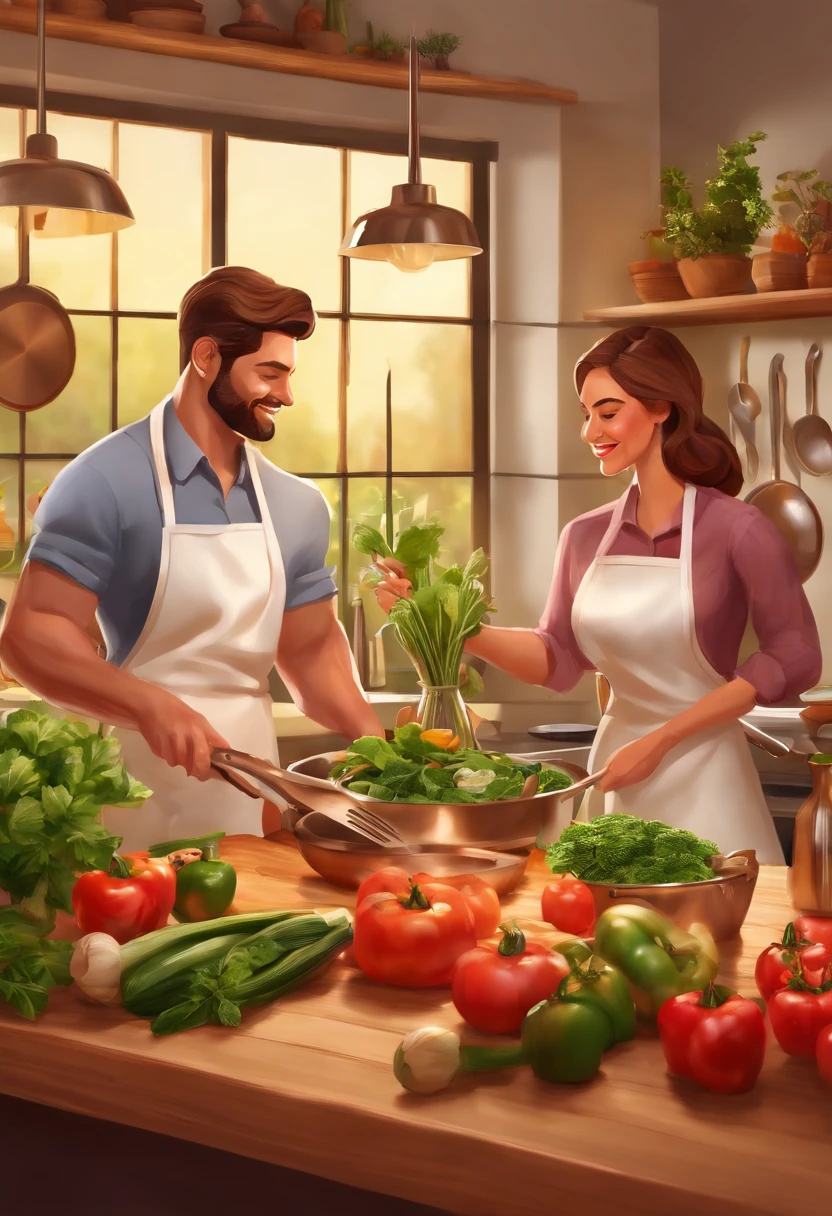couple making food in the kitchen, warm lighting, vibrant colors, realistic:1.2, detailed faces, joyful expressions, beautiful outfits, delicious ingredients, organic produce, modern kitchen appliances, chopping vegetables, sizzling pans, aromatic spices, wooden cutting board, stainless steel cookware, glass jars filled with herbs, hanging pots and pans, steam rising from pots, natural sunlight streaming through windows, cozy atmosphere, cozy kitchen island, wooden cabinets, marble countertops, contemporary artwork on walls, fresh flowers in a vase, soft music playing in the background, culinary artistry, teamwork, love and laughter, mouthwatering aromas, mouthwatering flavors, culinary adventure