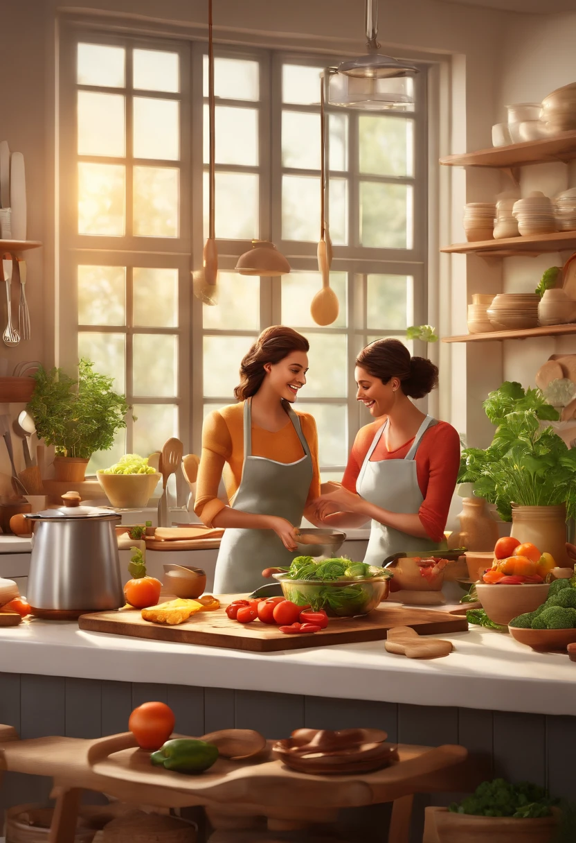 couple making food in the kitchen, warm lighting, vibrant colors, realistic:1.2, detailed faces, joyful expressions, beautiful outfits, delicious ingredients, organic produce, modern kitchen appliances, chopping vegetables, sizzling pans, aromatic spices, wooden cutting board, stainless steel cookware, glass jars filled with herbs, hanging pots and pans, steam rising from pots, natural sunlight streaming through windows, cozy atmosphere, cozy kitchen island, wooden cabinets, marble countertops, contemporary artwork on walls, fresh flowers in a vase, soft music playing in the background, culinary artistry, teamwork, love and laughter, mouthwatering aromas, mouthwatering flavors, culinary adventure