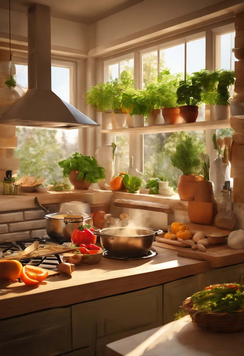 couple making food in the kitchen, warm lighting, vibrant colors, realistic:1.2, detailed faces, joyful expressions, beautiful outfits, delicious ingredients, organic produce, modern kitchen appliances, chopping vegetables, sizzling pans, aromatic spices, wooden cutting board, stainless steel cookware, glass jars filled with herbs, hanging pots and pans, steam rising from pots, natural sunlight streaming through windows, cozy atmosphere, cozy kitchen island, wooden cabinets, marble countertops, contemporary artwork on walls, fresh flowers in a vase, soft music playing in the background, culinary artistry, teamwork, love and laughter, mouthwatering aromas, mouthwatering flavors, culinary adventure