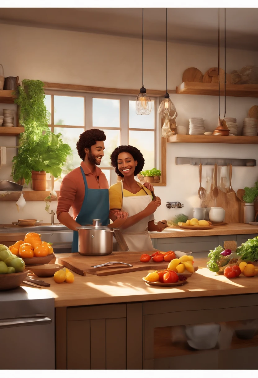 couple making food in the kitchen, warm lighting, vibrant colors, realistic:1.2, detailed faces, joyful expressions, beautiful outfits, delicious ingredients, organic produce, modern kitchen appliances, chopping vegetables, sizzling pans, aromatic spices, wooden cutting board, stainless steel cookware, glass jars filled with herbs, hanging pots and pans, steam rising from pots, natural sunlight streaming through windows, cozy atmosphere, cozy kitchen island, wooden cabinets, marble countertops, contemporary artwork on walls, fresh flowers in a vase, soft music playing in the background, culinary artistry, teamwork, love and laughter, mouthwatering aromas, mouthwatering flavors, culinary adventure