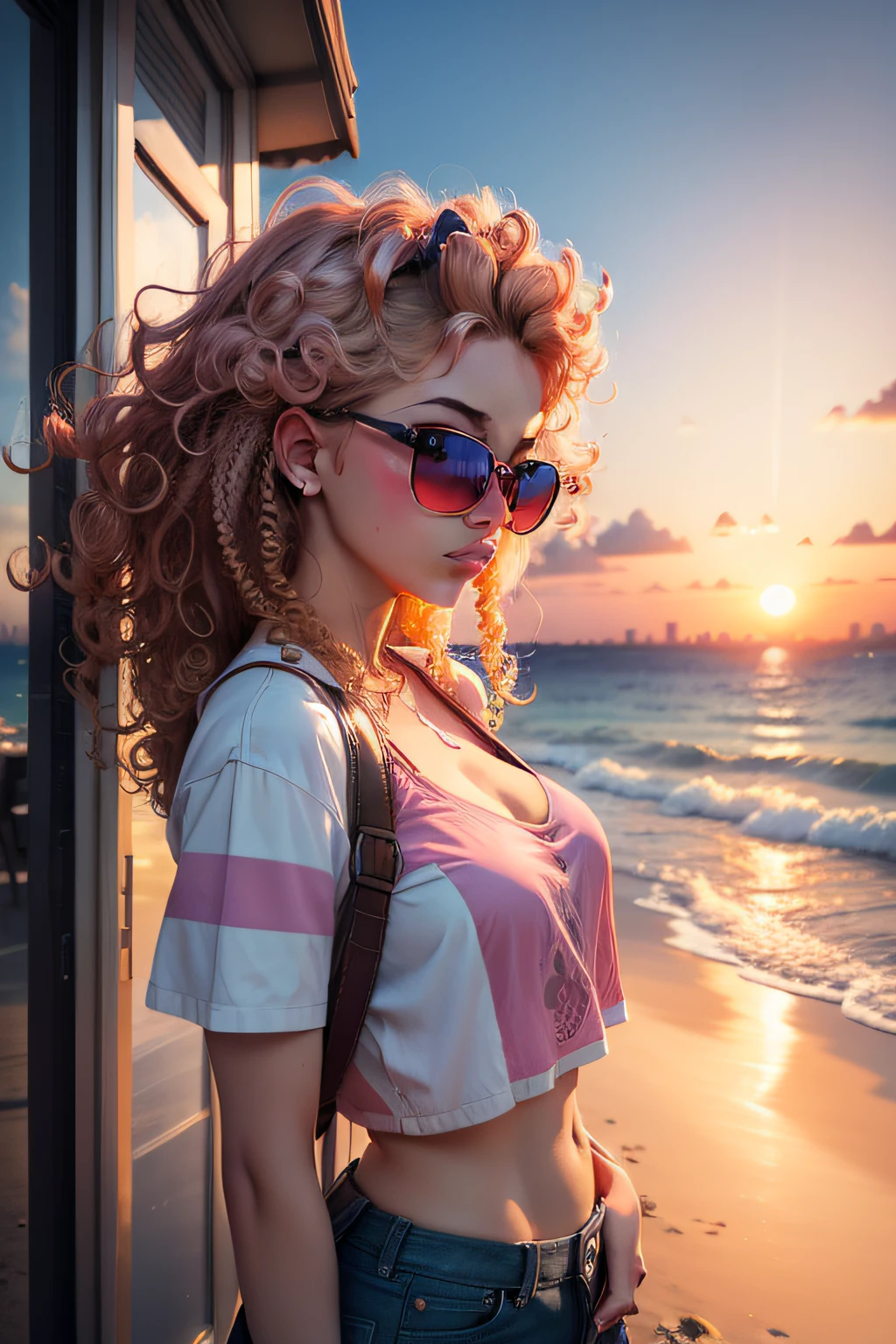 European girl, vaporwave city, sunset beach background, curly hair, sunglasses
