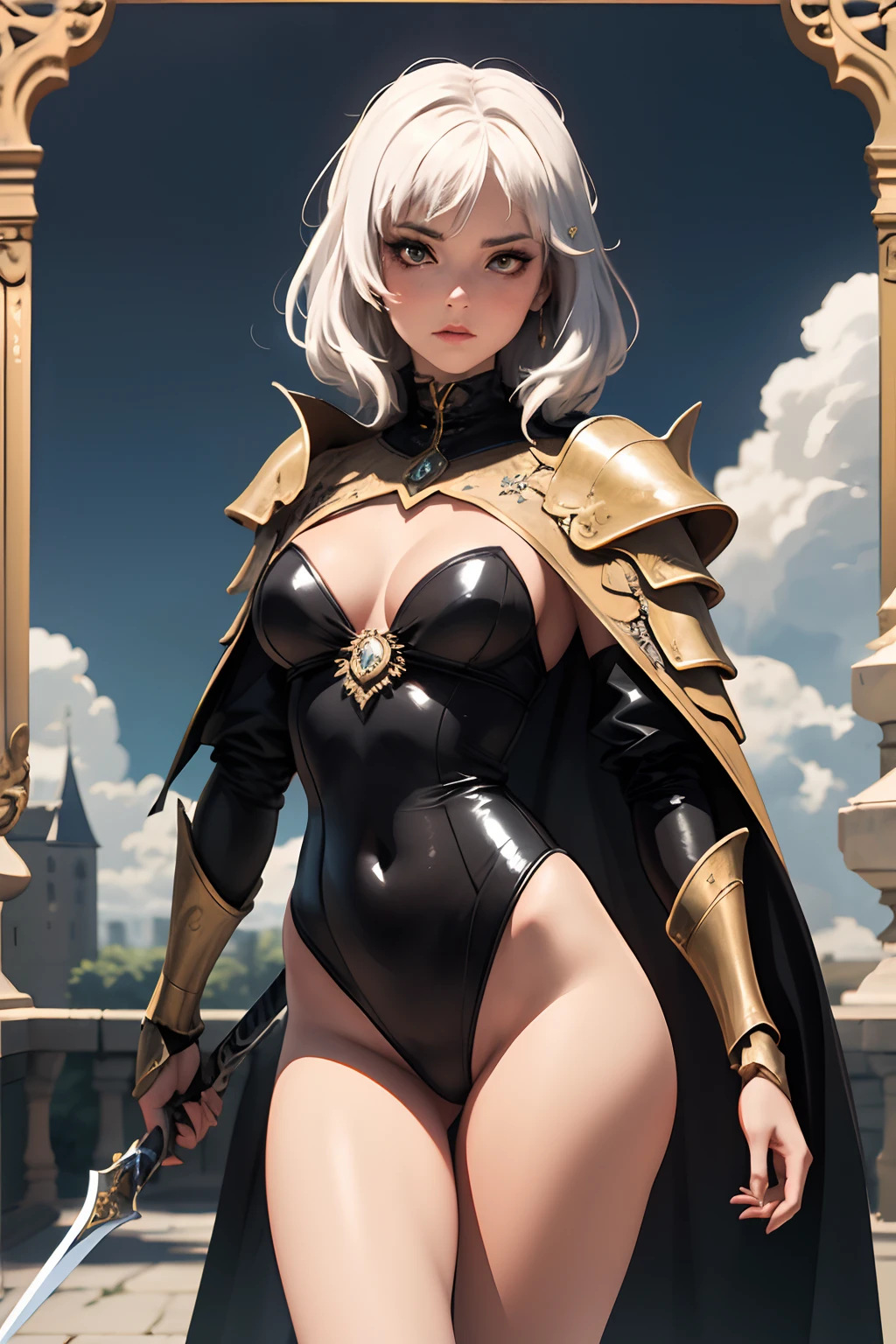 ((best quality, master part)),
1girl, black metal e armadura de ouro e leotard necromante, white messy hair, espada, ao ar livre, nuvens em segundo plano,fantasia, medieval, Castelo no fundo