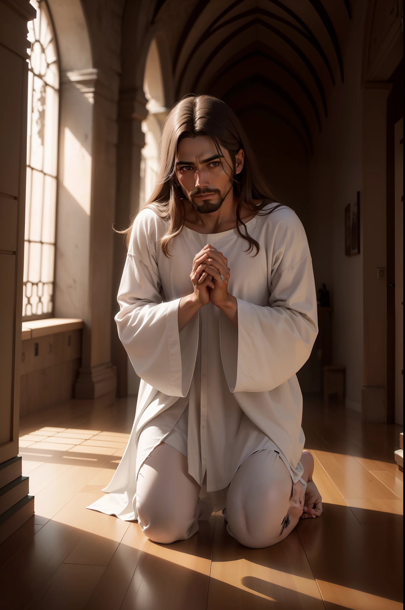Jesus ajoelhado orando, with face forward looking at the camera, de olho aberto