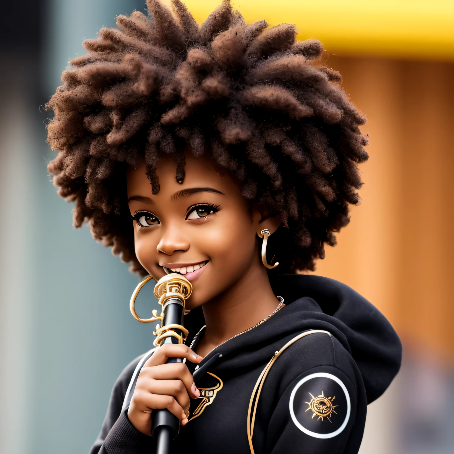 Futuristic Afro cartoon 1girl, chibi,cute, smile, open mouth, with flower in hand kneeling in a playing small saxophone, playing small saxophone, music, black beret, holding small saxophone, jacket, black panter, shirt, back power, red headwear, blurry, black hair, blush stickers, long sleeves, red headphones, book, (beautiful detailed face), (beautiful detailed brown eyes), (beautiful detailed brown skin) EasyNegative --auto