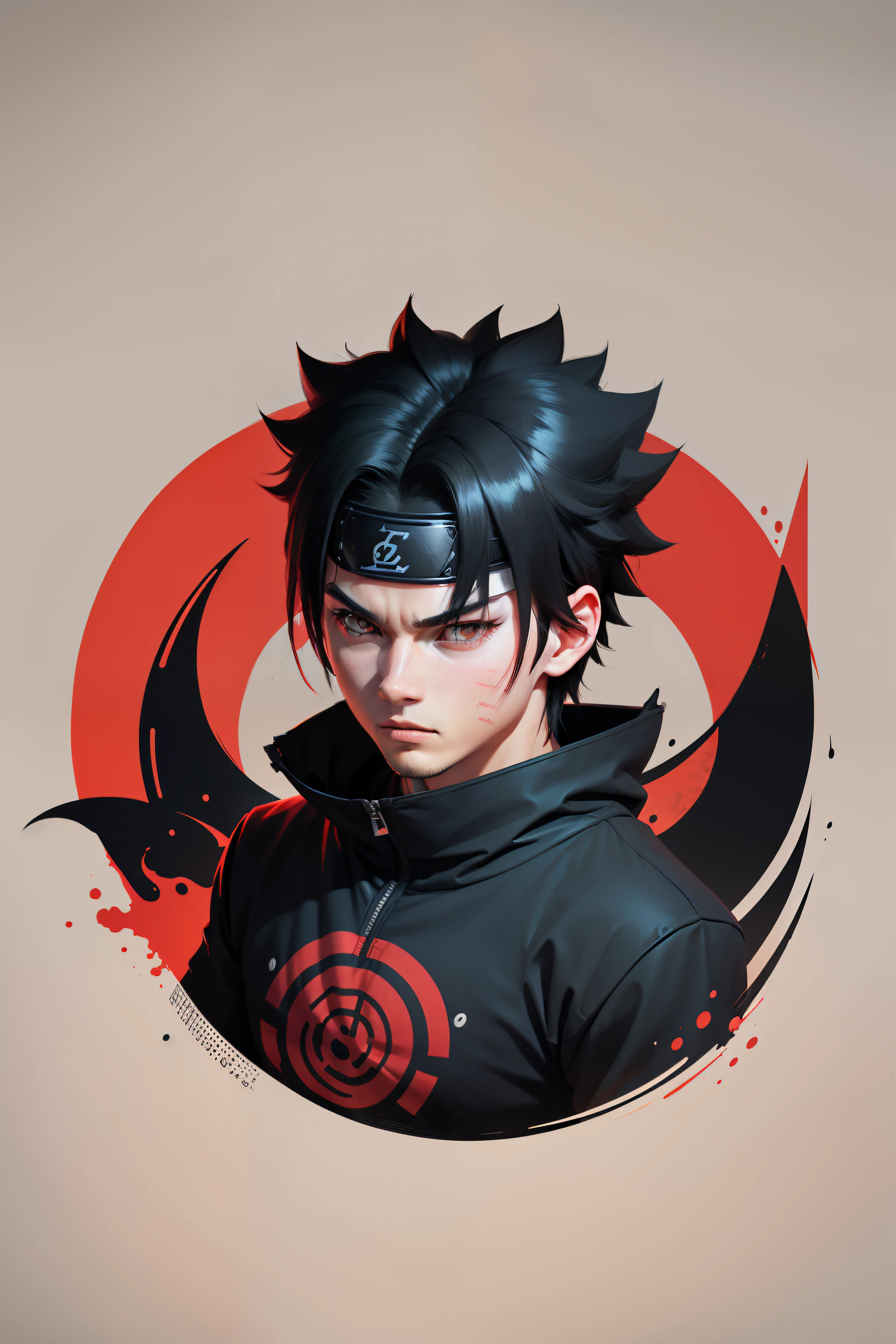 black and red colorful logo, minimalist logo illustration of vector art of an naruto , side facing, magic, sharp design, smooth, monochromatic colorful, dark magic splash, t-shirt design, in the style of Studio Ghibli, 3d render