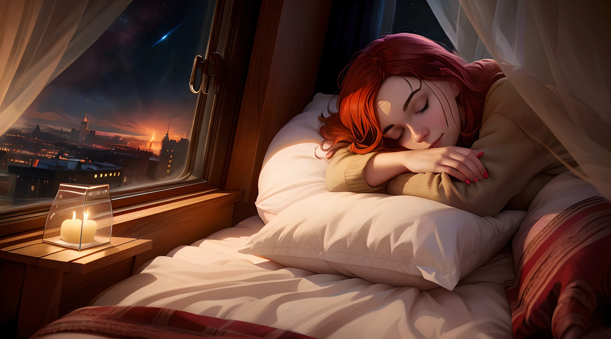 There was a woman sleeping in bed,There are candles in the windows, calm evening. Digital illustration, dreamlike illustration, rhads and lois van baarle, Beautiful digital illustration, Guviz-style artwork, Digital art Ilya Kuvhinov, Beautiful digital artwork, Realistic fantasy illustration, ilya kuvshinov and artgerm, Katarina