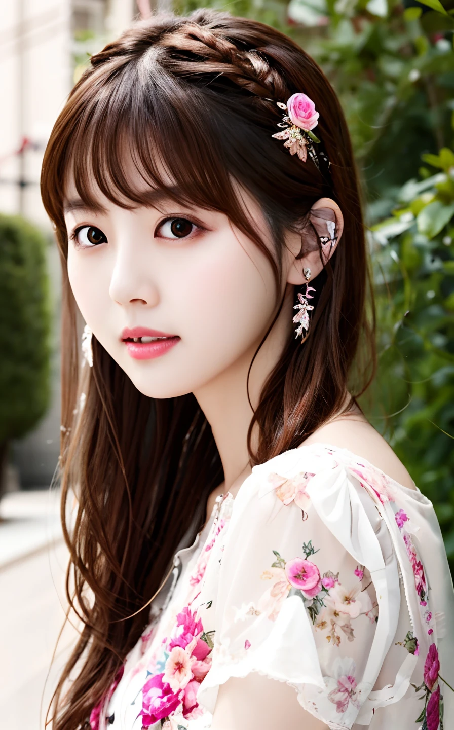 best quality, ultra high res, upper body，(photorealistic:1.4), (detailed beautiful girl:1.4), (medium breasts:0.8), looking_at_viewer, Detailed facial details, beautiful detailed eyes, bangs，straight hair，pink lolita dress, fashion， flowers，brown eyes, slender, haunting smile, (makeup:0.3), red lips, highly detailed clothes, (ulzzang-6500-v1.1:0.3) ，detailed skin， bloom，sunny