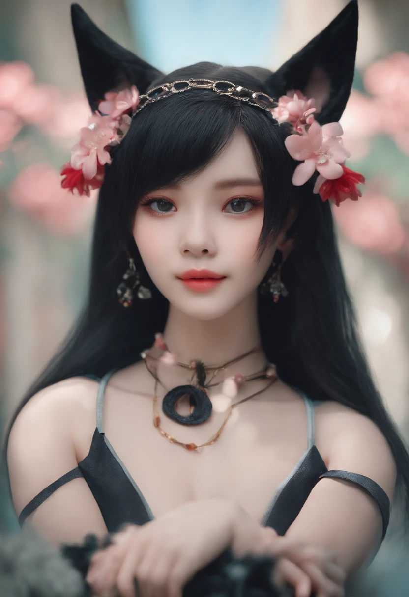 black hair, hair bobbles, wince, longeyelashes, solid circle eyes, fake animal ears, light smile, ear blush, fang, Surrealism, drop shadow, anaglyph, stereogram, tachi-e, pov, atmospheric perspective, 8k, super detail, ccurate, best quality