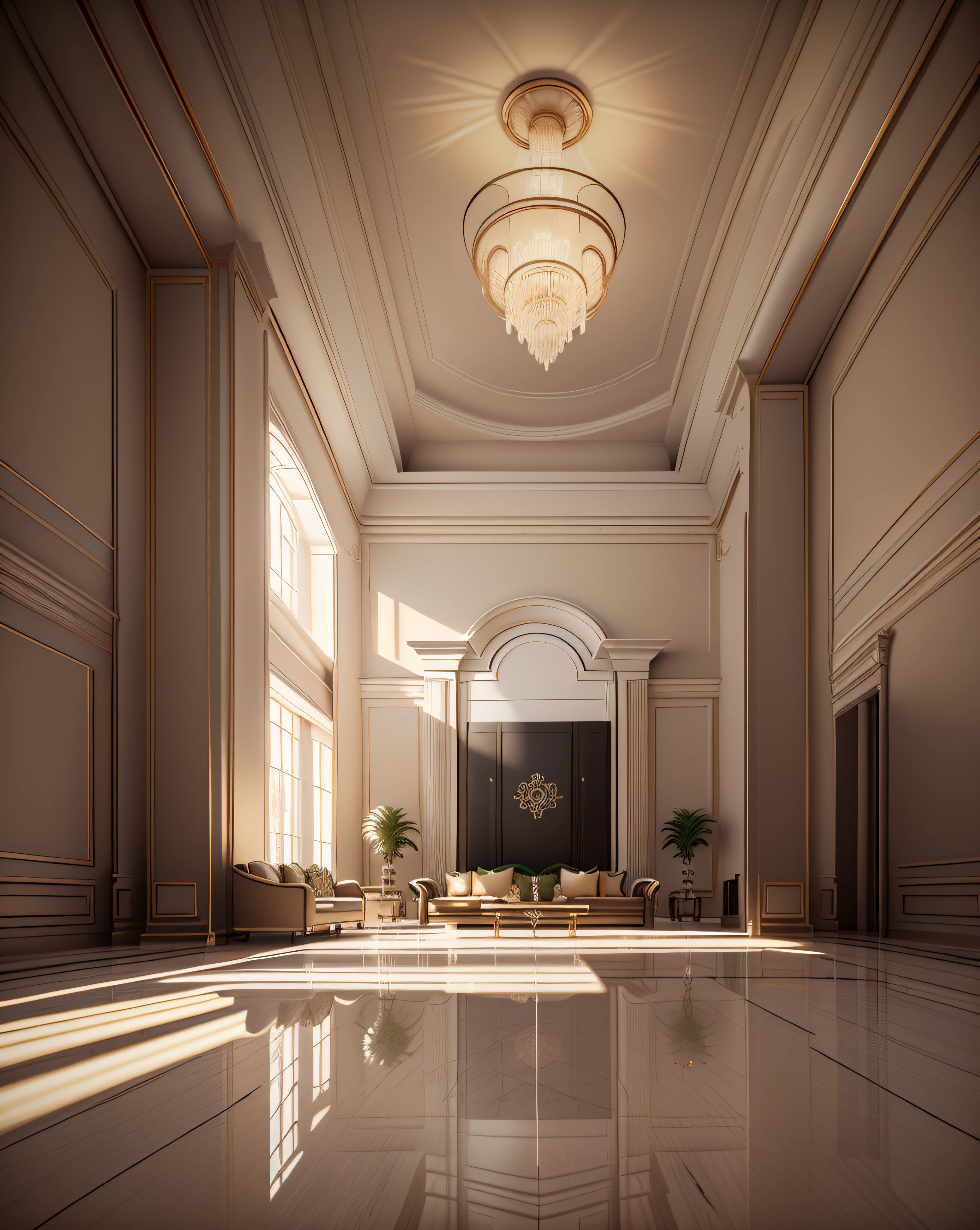 Living room with a large sofa and a table, neoclassical living room, ambiente luxuoso, ambiente relaxante, sala de estar design de interiores, unreal engine realistic render, stunning render, beautifully detailed render, very realistic render, hdr render in unreal engine 5, motor unreal altamente renderizado, design de interiores da sala de estar, com pano de fundo de luz natural, excellent 3d render, natural realistic render