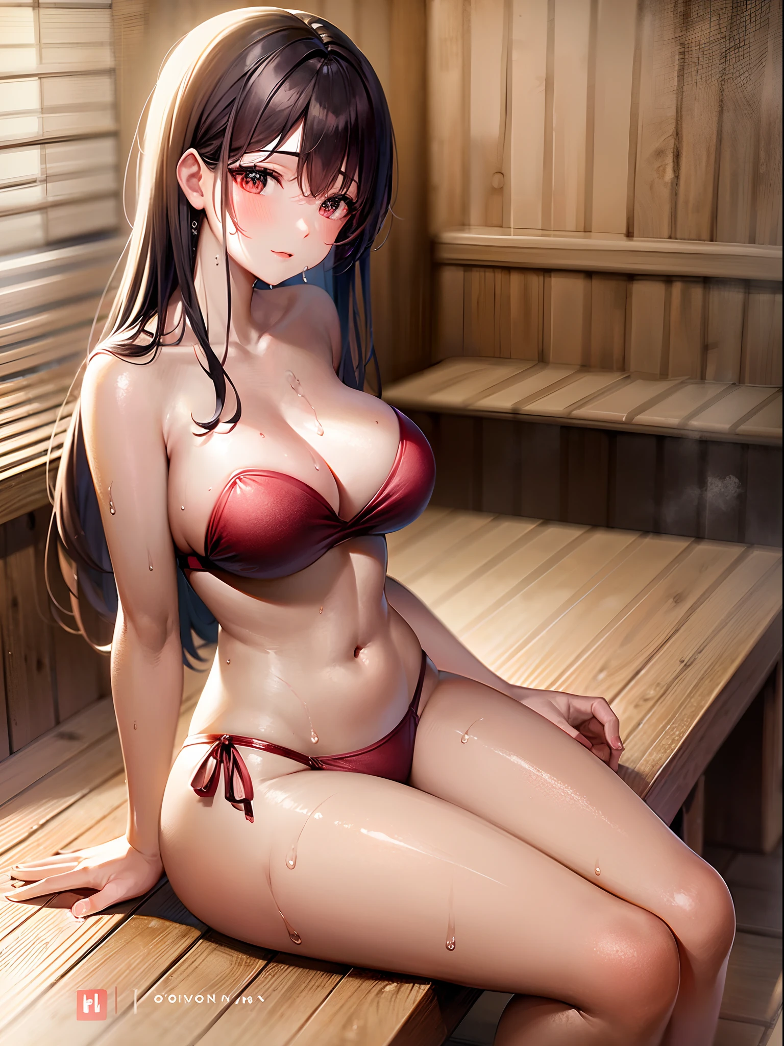 top-quality、Full limbs、complete fingers、Slender beauty、straight haired、Brown hair、Raw feet、Red bikini、Strapless bikini bra、highleg、Sauna room、Sweating、Wet texture、Beautiful Large Breasts、Sit on the sauna bench、Hot flashes