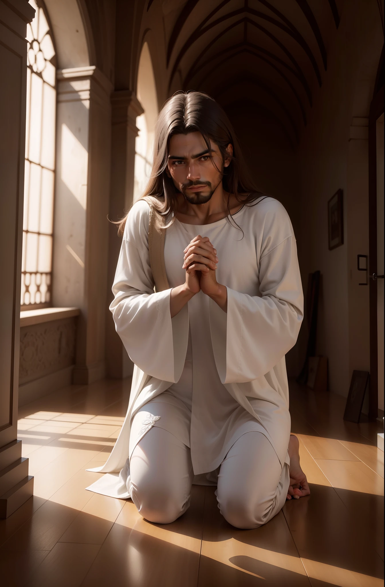 Jesus ajoelhado orando, with face forward looking at the camera, de olho aberto, only 5 fingers on each hand