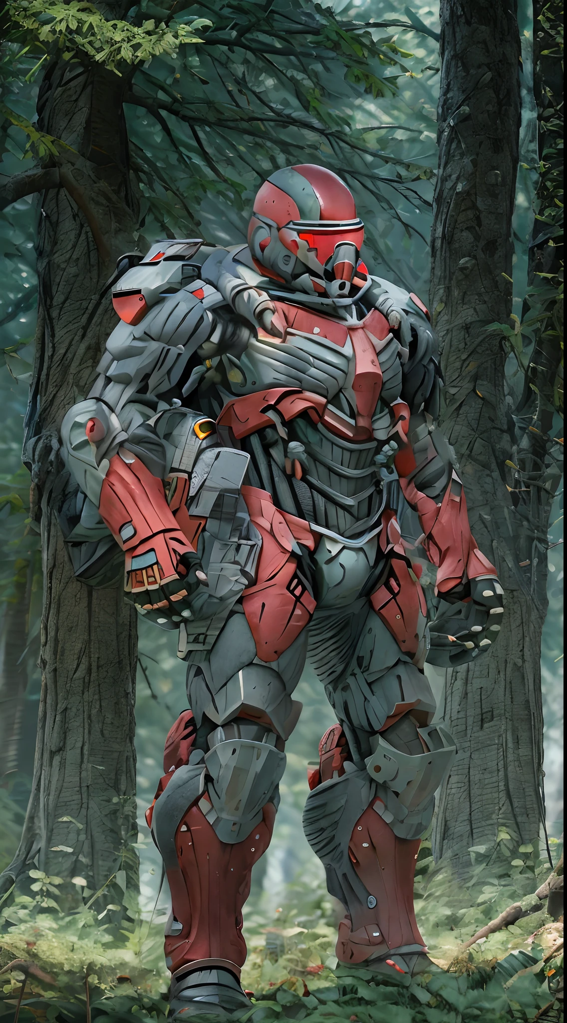 4K, Masterpiece, proportionally perfect, highres, absurdres, red and dark gray armor,
wearing crNanosuit, solo, 1boy, full body portrait, male focus, armor, blurry, tree, helmet, robot, nature, forest, science fiction, power armor