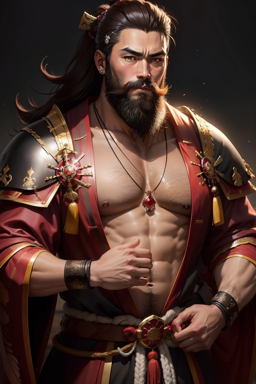 a male japanese samurai, dark brown hair and a thick beard. he have ruby earrings, necklace, rings and other jewelry, all of ruby gems