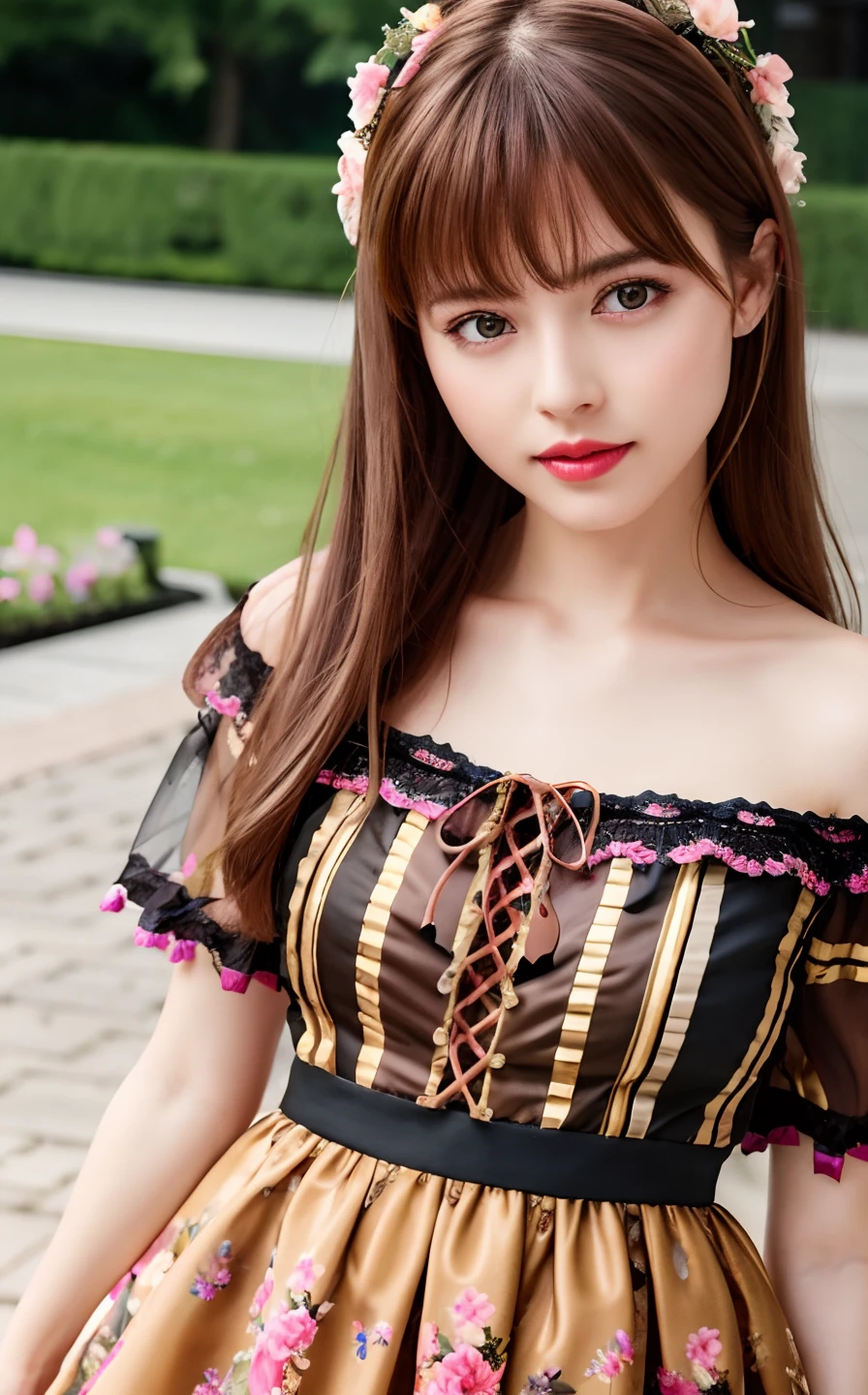 best quality, ultra high res,(photorealistic:1.4), (detailed beautiful girl:1.4), (medium breasts:0.8), looking_at_viewer, Detailed facial details, beautiful detailed eyes, bangs,straight hair,pink lolita dress, fashion, flowers,brown eyes, slender, haunting smile, (makeup:0.3), red lips, highly detailed clothes, (ulzzang-6500-v1.1:0.3) ,detailed skin,black tights, bloom,sunny