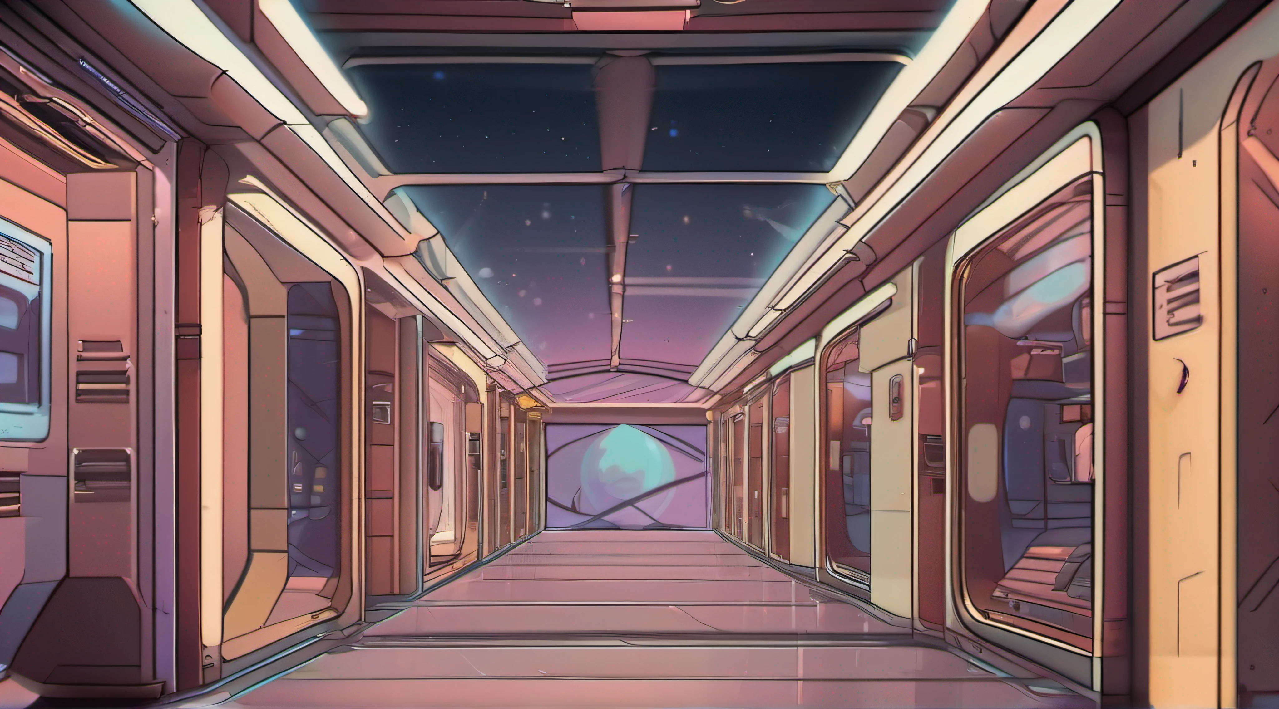 Spaceship corridor overlooking space animation style Ricky and Morty, super detalhado, cores frias, sad and melancholic climate.
