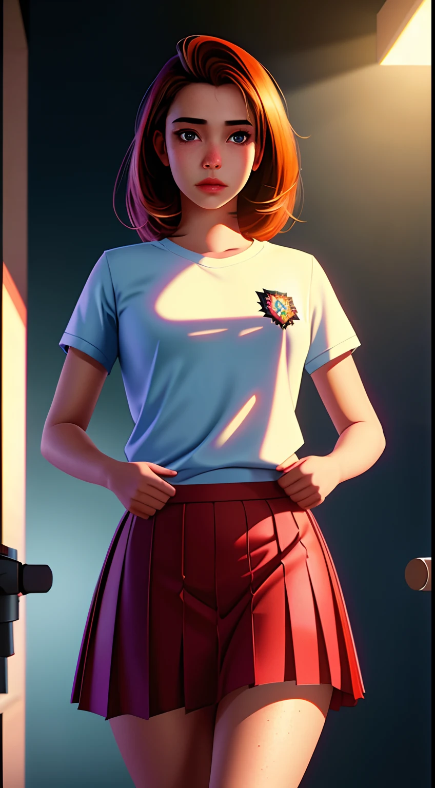 13 year old girl, view of ?????? under skirt, photorealistic, cinematic scene, hyperrealistic, ray tracing, HDR, best quality, High resolution, 8K