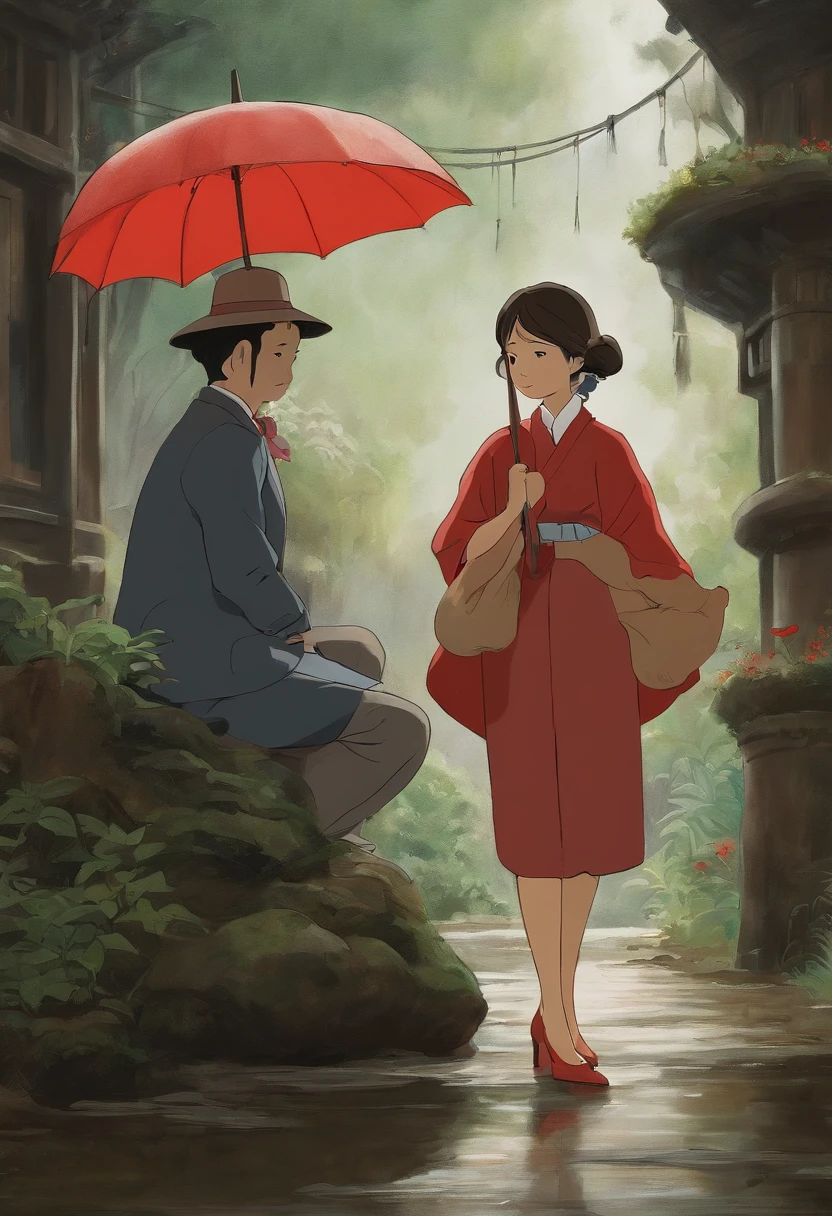 drawing Studio Ghibli scene of Tonari in Totoro, dia de chuva, Well dressed Asian women with red umbrella with boy on lap
