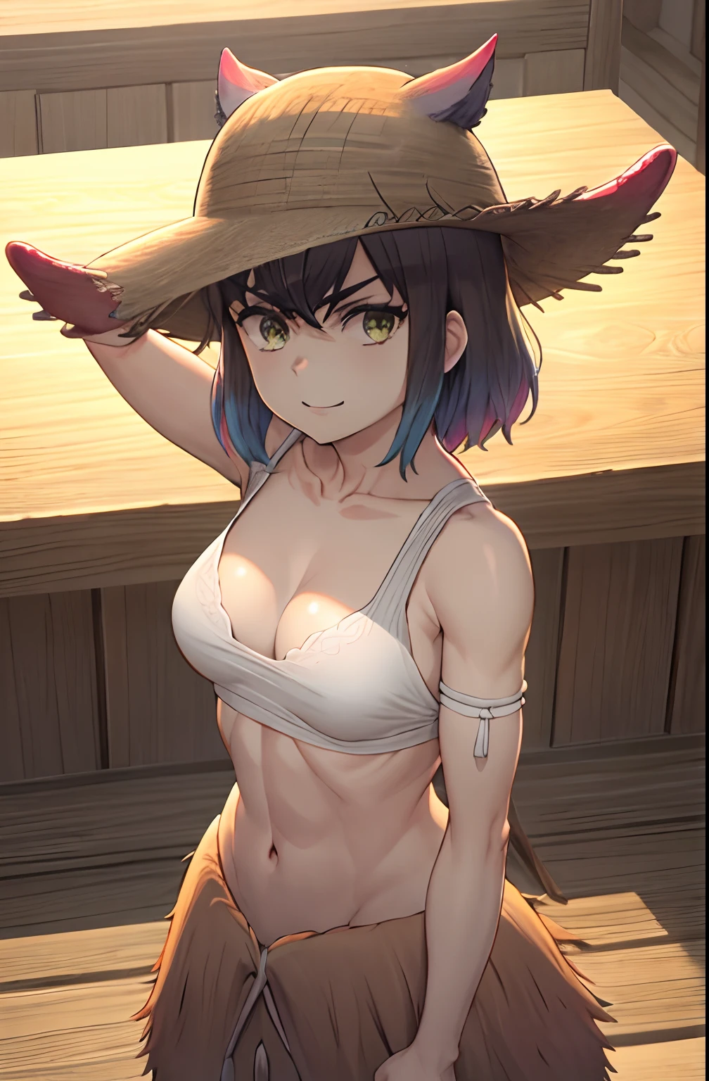 1st grade, Wanostyle, Inosuke Hashibira, sorridente, straw hat, olhando para o espectador, sozinho, parte superior do corpo, ((obra-prima)), (melhor qualidade), (extremamente detalhado), profundidade de campo, sketchfab, sombras escuras intensas, foco nítido , soft-lighting, HDR, Colouring, good composition, fogo ao redor, espetacular, camisa fechada, Captura de tecido de anime, pronto para lutar, olhos verdes,
