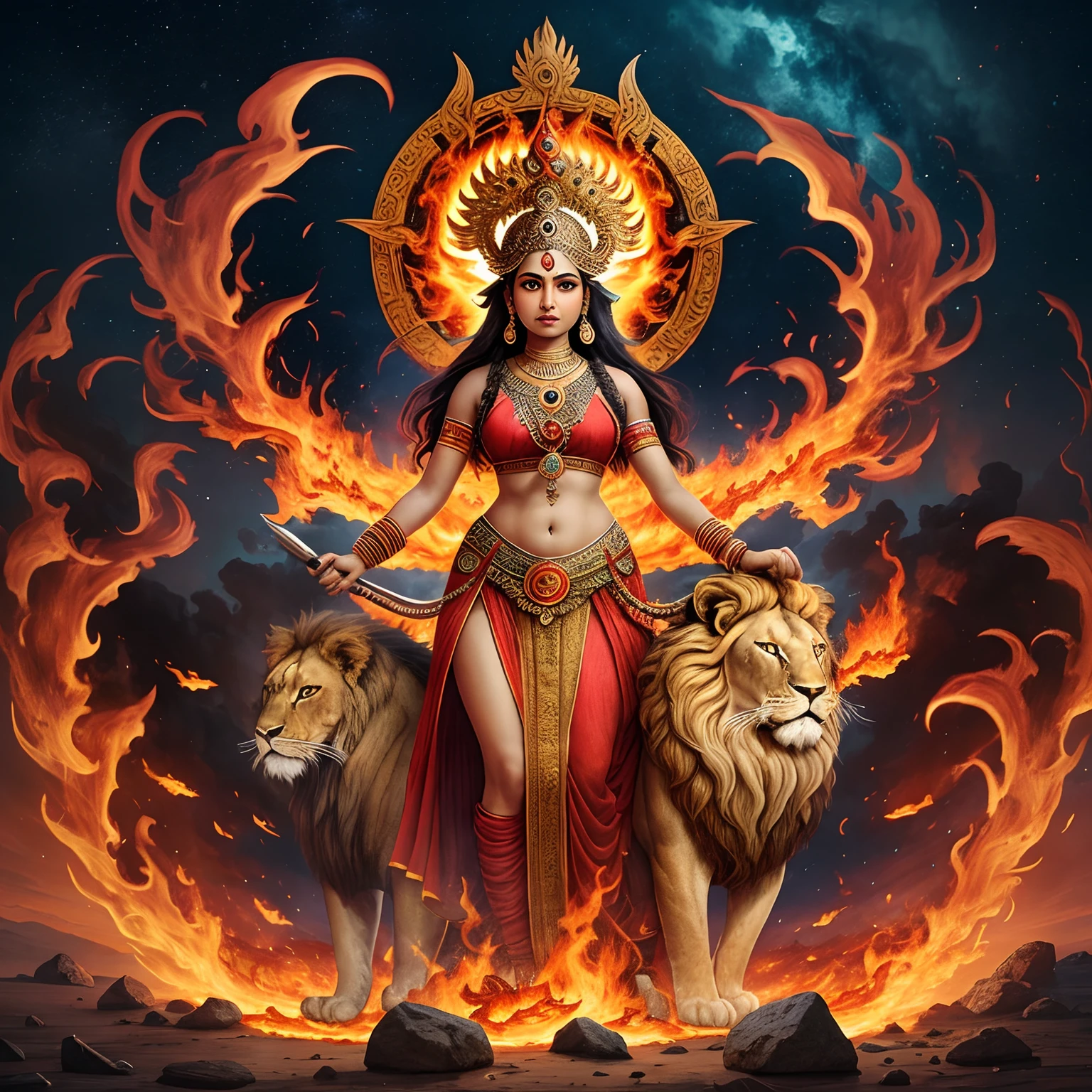 An ancient Indian goddess, holding a trishul, standing on the ground, lion standing near by, little clothes, and the background is full of a sea of fire that fills the sky, lion standing background