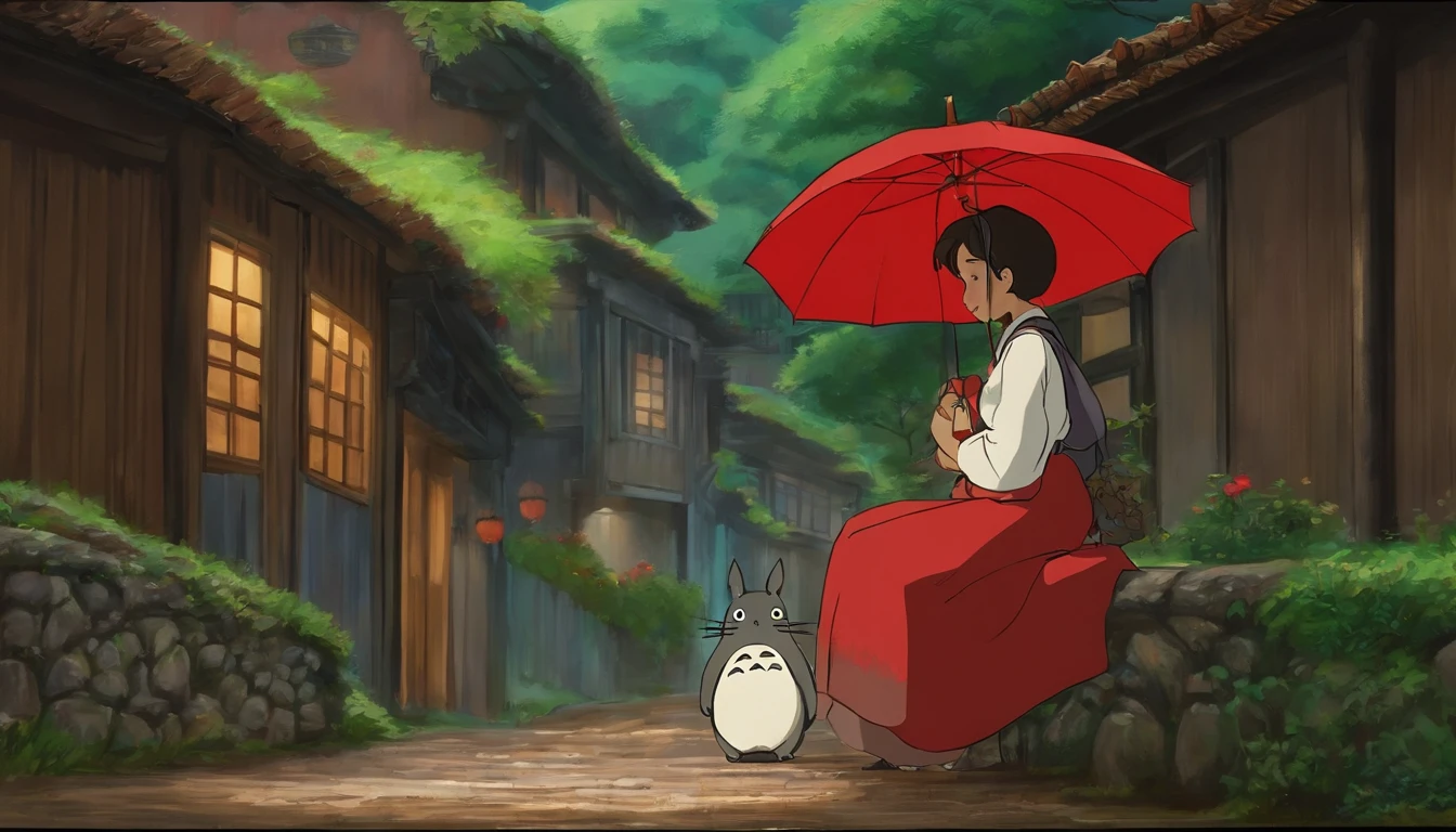 drawing Studio Ghibli scene of Tonari in Totoro, dia de chuva, mulher com cabelo em um rabo de cavalo, Well dressed Asian women with red umbrella with cute baby on lap