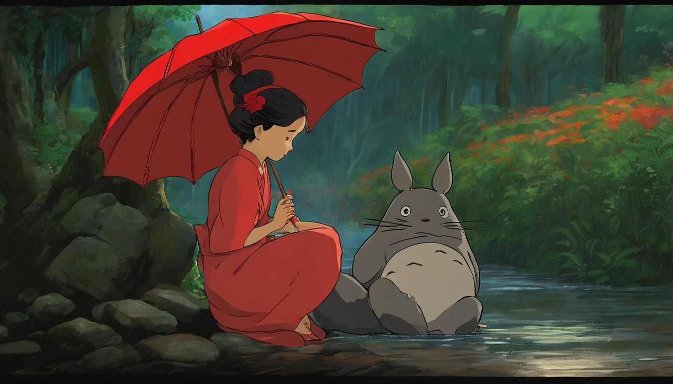 drawing Studio Ghibli scene of Tonari in Totoro, dia de chuva, mulher com cabelo em um rabo de cavalo, Well dressed Asian women with red umbrella with cute baby on lap