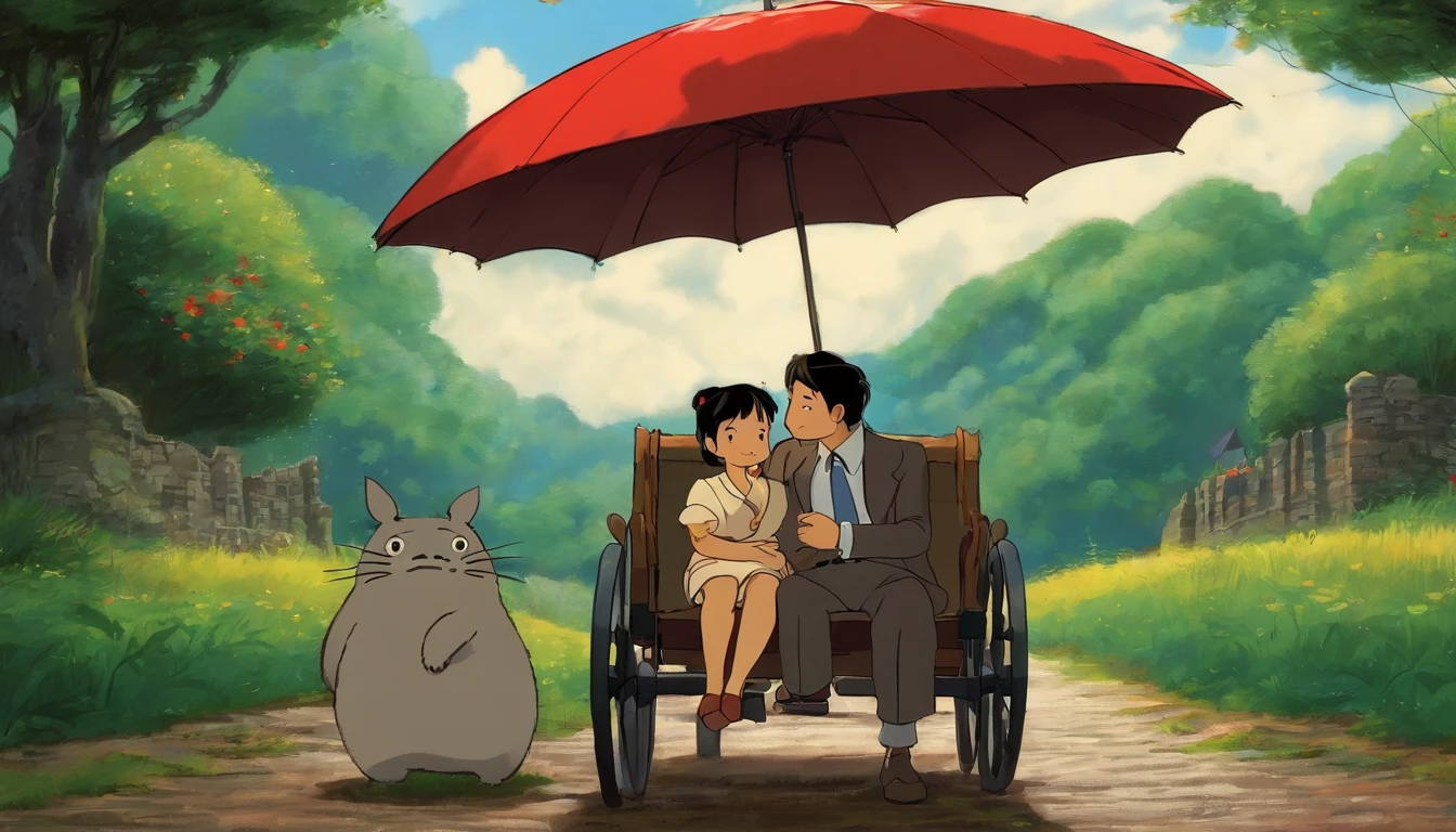 drawing Studio Ghibli scene of Tonari in Totoro, dia de chuva, mulher com cabelo em um rabo de cavalo, Well dressed Asian women with red umbrella with cute baby on lap