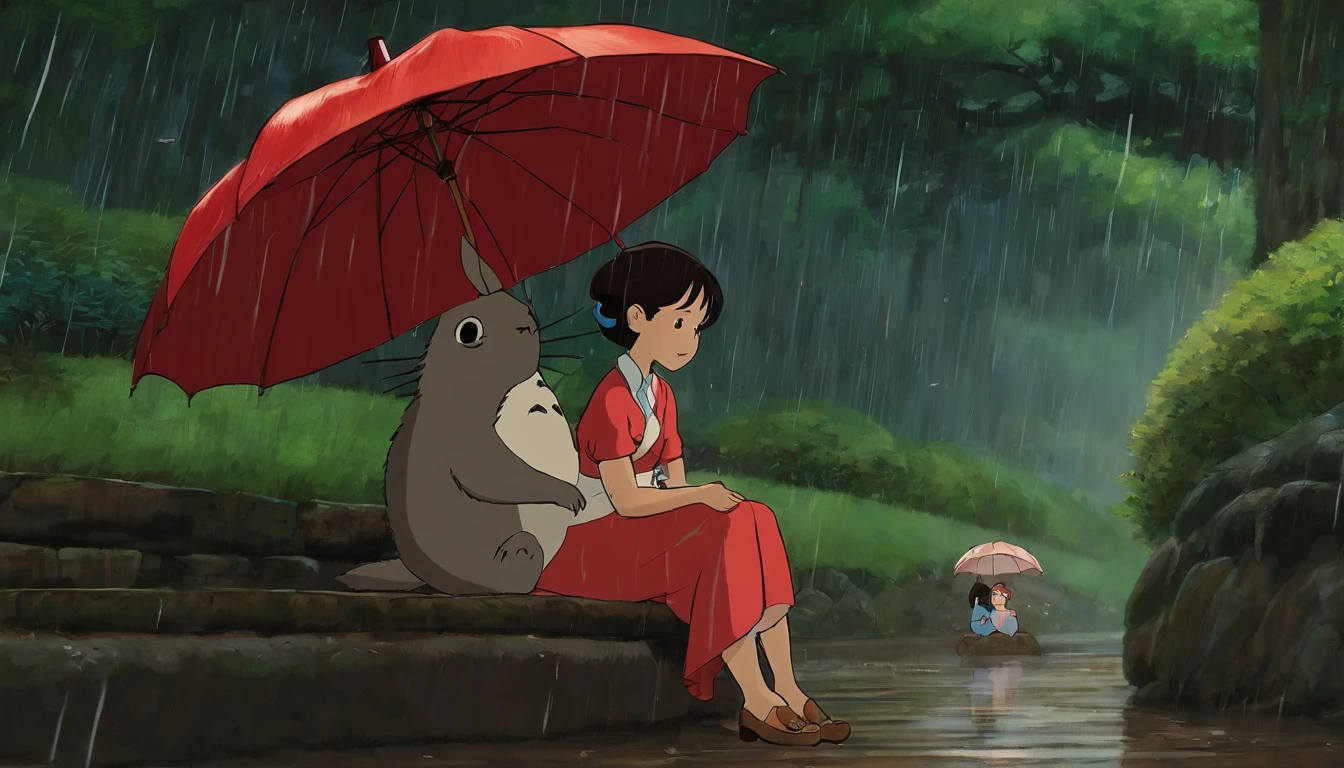 drawing Studio Ghibli scene of Tonari in Totoro, dia de chuva, mulher com cabelo em um rabo de cavalo, Well dressed Asian women with red umbrella with cute on lap