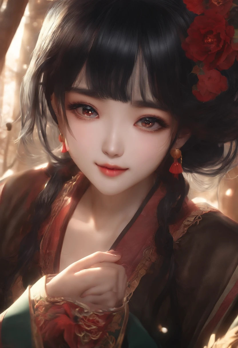 3 girlsBlack hair, long eyelashes, solid circular eyes,slight smile kimuno fangs Tachi-e, POVatmospheric perspective, 8k, super detailliert, Precise , best qulaity