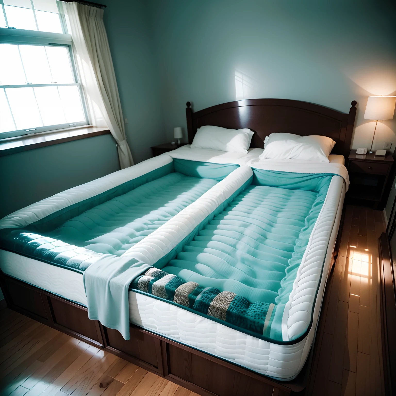 The perfect bed with a clear mattress filled with water with floating fish, Very convenient, Bedroom design project, hyperrealistic, nikon d7000, iso 120, Diffused lighting