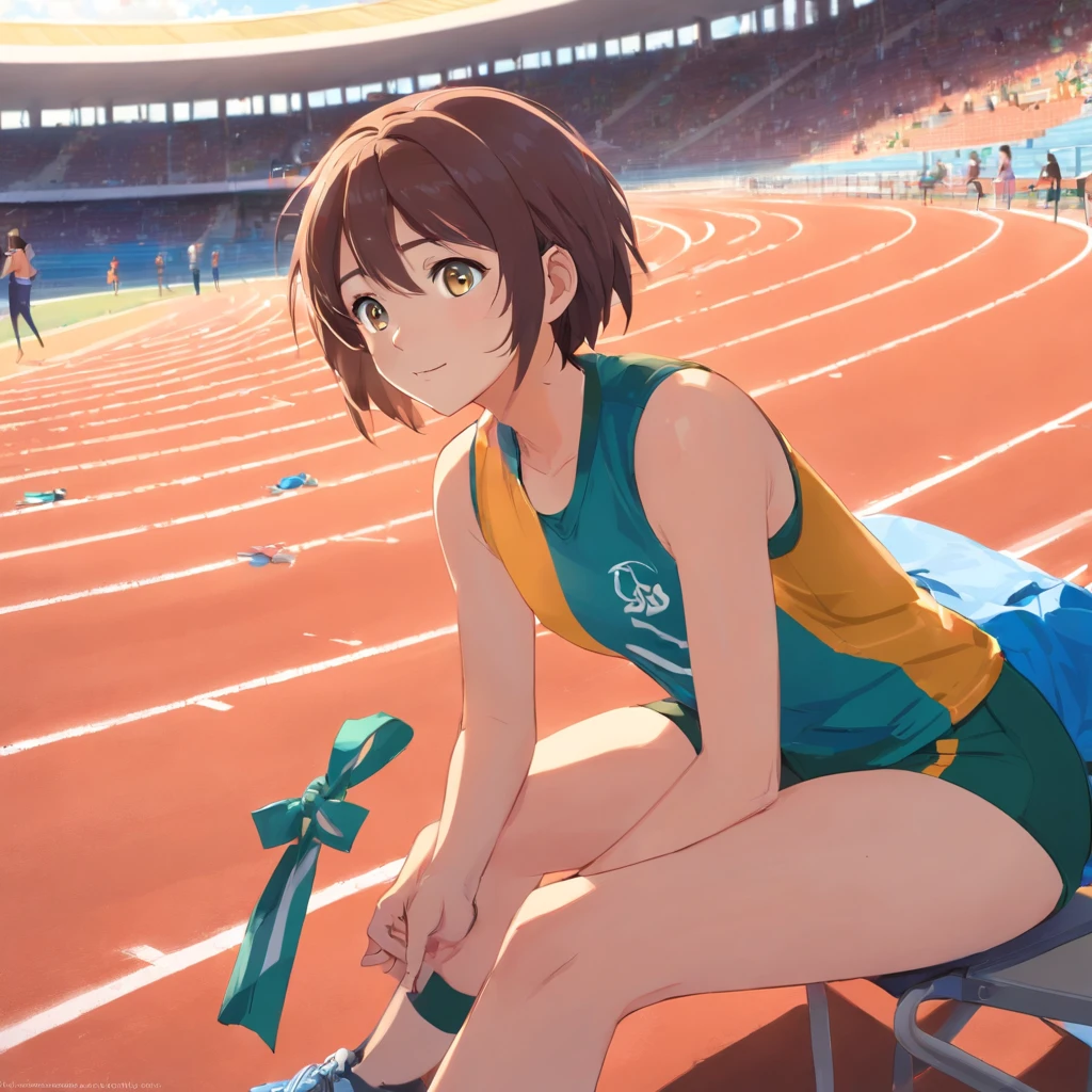 a scene where an athletic trainer is standing next to a girl who is sitting in the stands, observando atentamente alguns atletas correndo na pista de atletismo. The girl seems to be completely absorbed in the action, com os olhos fixos nos corredores que passam por ela. The track and field coach is next to the girl, observando a pista com um olhar atento e orgulhoso. Ela tem um sorriso discreto no rosto, demonstrating his support for the girl and his passion for the sport. The athletics track in front of you is illuminated by the sun, destacando os corpos suados dos corredores em movimento, enquanto a menina e sua treinadora permanecem ali, maravilhadas com a cena diante delas.