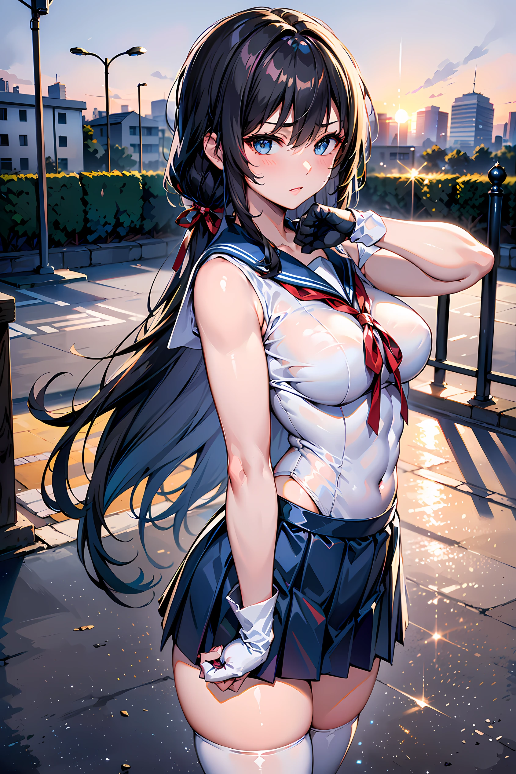 (1girl:1.3, solo), (sailor magical girll:1.3), (upper body:1.3), (bigben:1.3), (standing:1.3, random posing:1.3), BREAK, 1girl, solo, milf, European girl, hot model, (attractive model:1.37), (promotional model:1.2), highly detailed eyes and pupils, realistic skin, ((attractive body, medium breasts:1.38, disproportionate breasts:1.38, sagging breats:1.38, thin waist:1.15)), medium-length thin hair, ((pony-tail hair style:1.3), (shiny-black hair:1.3), extremely detailed hair, delicate sexy face, sensual gaze, shiny lips, BREAK, (school girl uniform:1.3), (white leotard:1.3), (magical girl costume:1.2), (blue Sailor collar:1.3), (red ribbon:1.4), (blue pleated skirt:1.3), (micro-skirt:1.3), (no_sleeve:1.2), (long_glove:1.2), (white thighhighs:1.2), (long_boots:1.2), detailed clothes, BREAK, (blurry background:1.25, simple background, no-human background, detailed background), (under sunset:1.37), BREAK, (attractive posing), ((realistic, super realistic, realism, realistic detail)), perfect anatomy, perfect proportion, hyper sharp image, (serious emotion, closed mouth:1.2), 4fingers and thumb, perfect human hands, wind, BREAK, (Masterpiece, best quality, photorealistic, highres, photography, :1.3), ultra-detailed, sharp focus, professional photo, commercial photo,