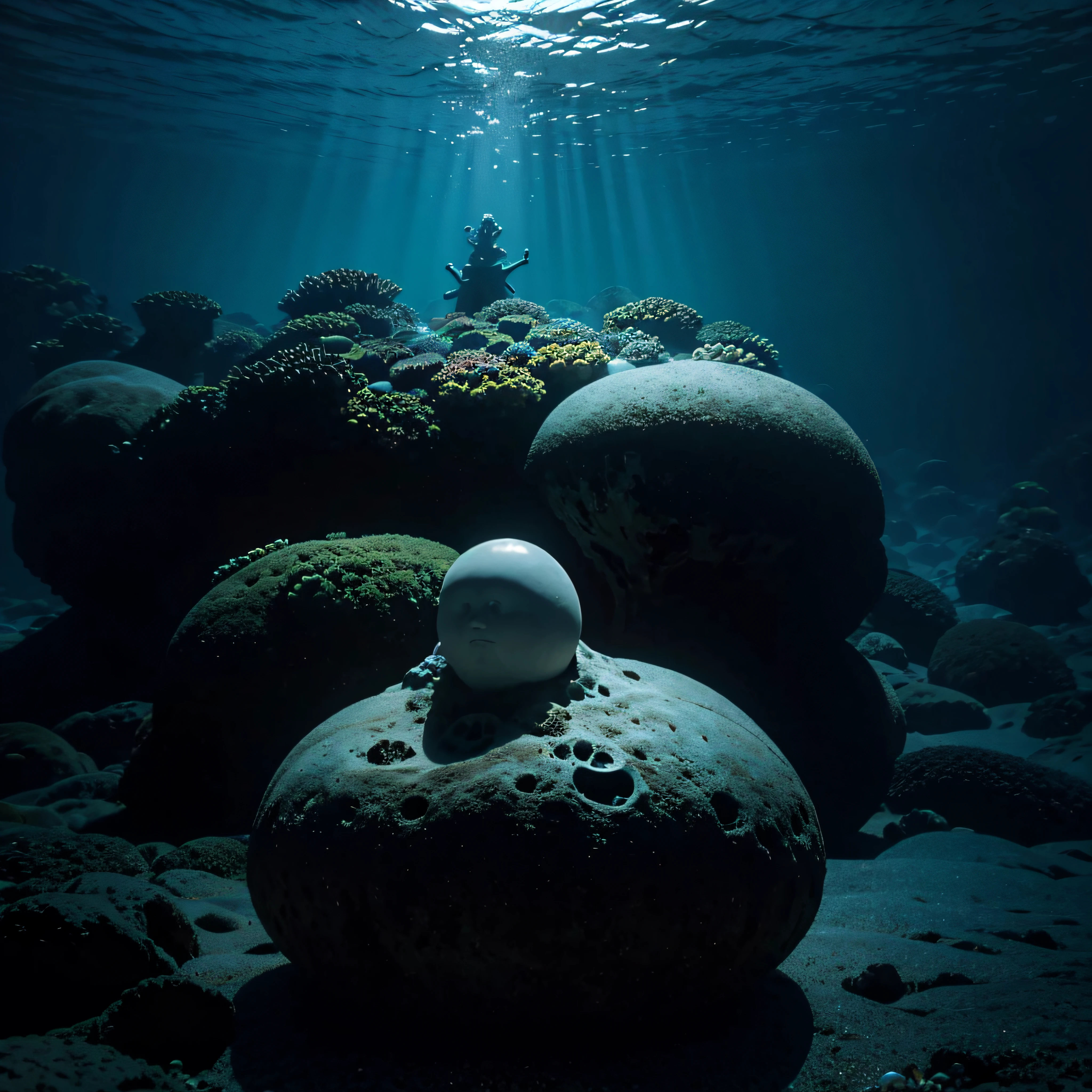 (extremadamente detallado, obra maestra, La mejor calidad, Under the Ocean), Estilo oscuro, volumetric illumination. textura de babosa, piel de caracol. ahogados flotando de fondo. Rococo composition.